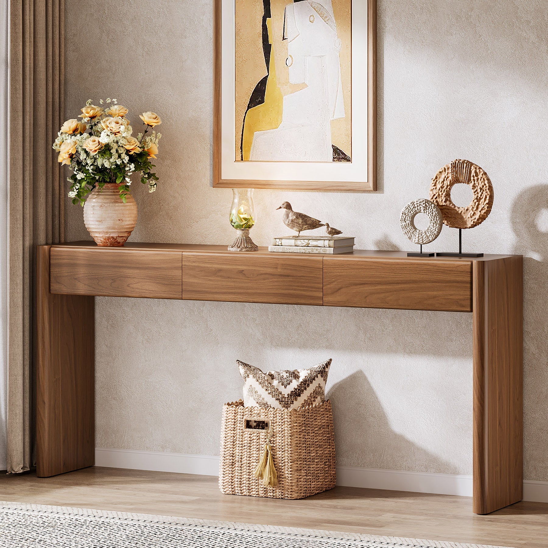 Tribesigns Consola de 180 cm con 3 cajones, Mesa estrecha para recibidor en marrón vintage Mesa auxiliar de madera con estante