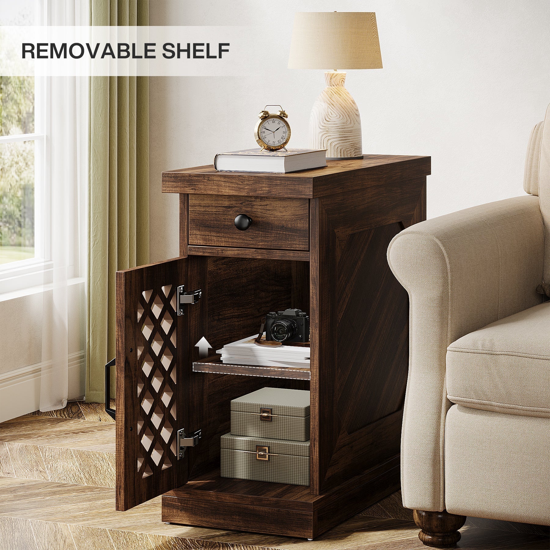 Tribesigns Mesa auxiliar estrecha de 65 cm con cajón y armario