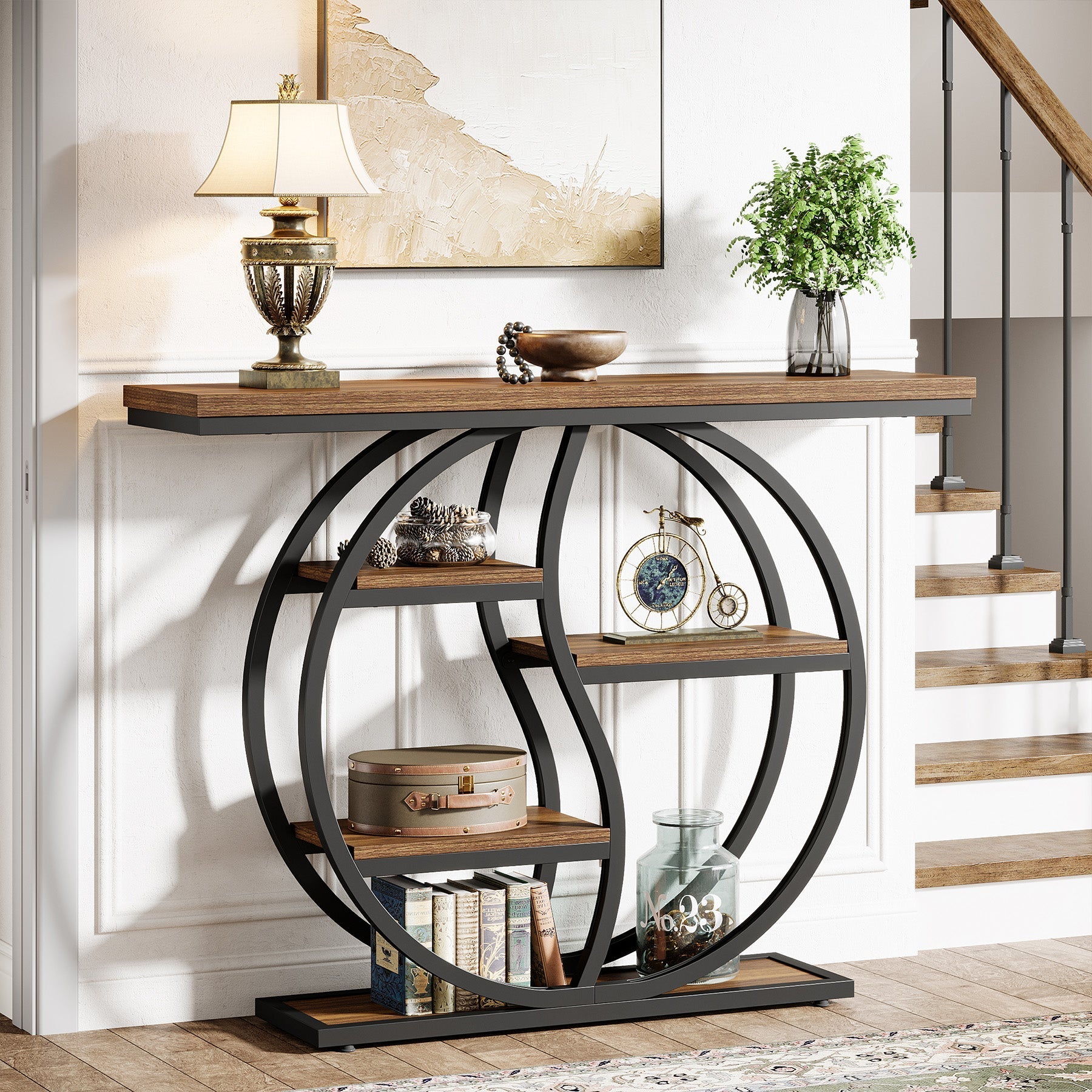Tribesigns Consola estrecha de 5 niveles de 120 cm con acabado marrón rústico para entrada.
