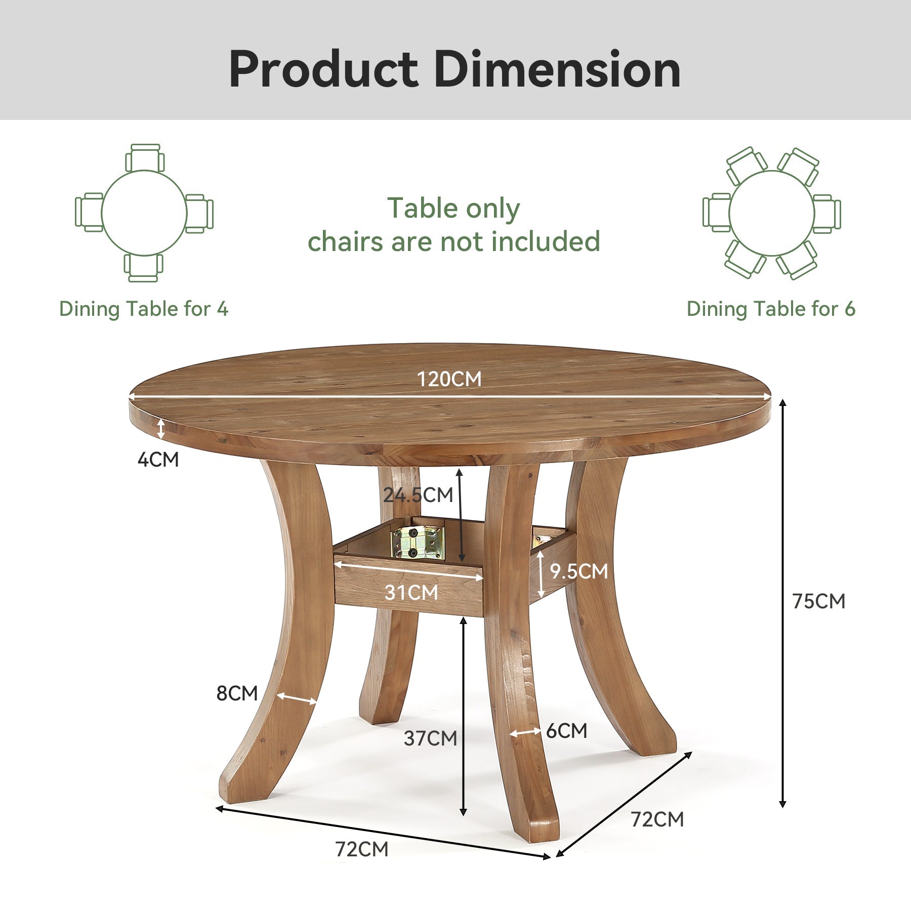 Tribesigns Mesa de comedor redonda de madera maciza de 120 cm, Estilo rústico con patas curvas