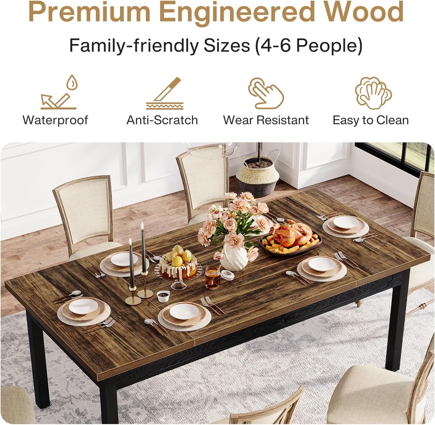 Tribesigns Mesa de comedor moderna, Mesa de comedor de madera industrial para 4-6 personas