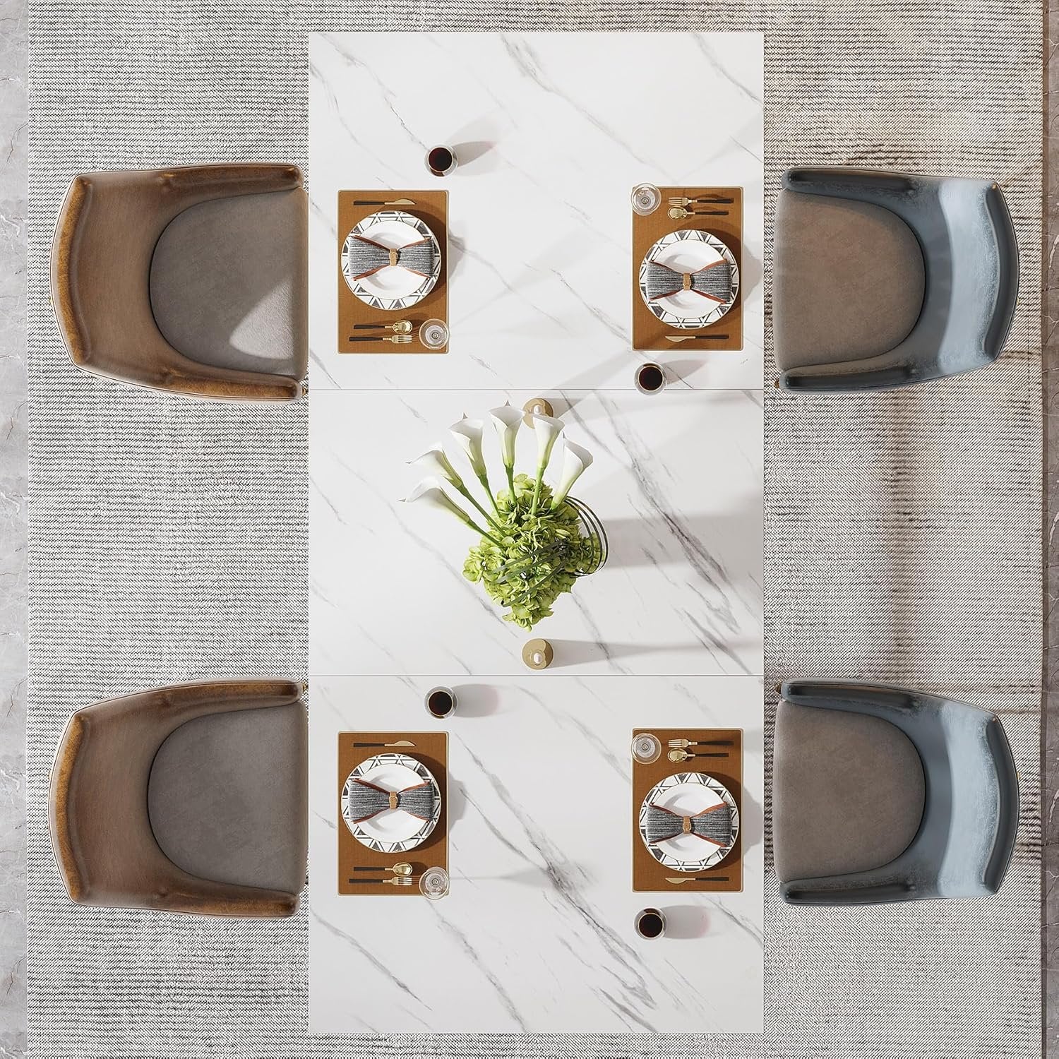 Tribesigns Mesa de comedor moderna de 160 cm con tablero de mármol artificial y patas de metal.