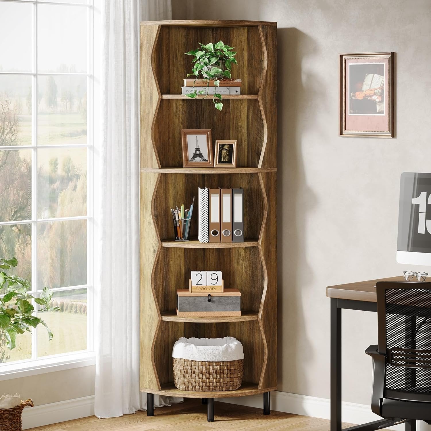 Tribesigns Estantería esquinera de 5 niveles182 cm de alto elegante estantería de madera