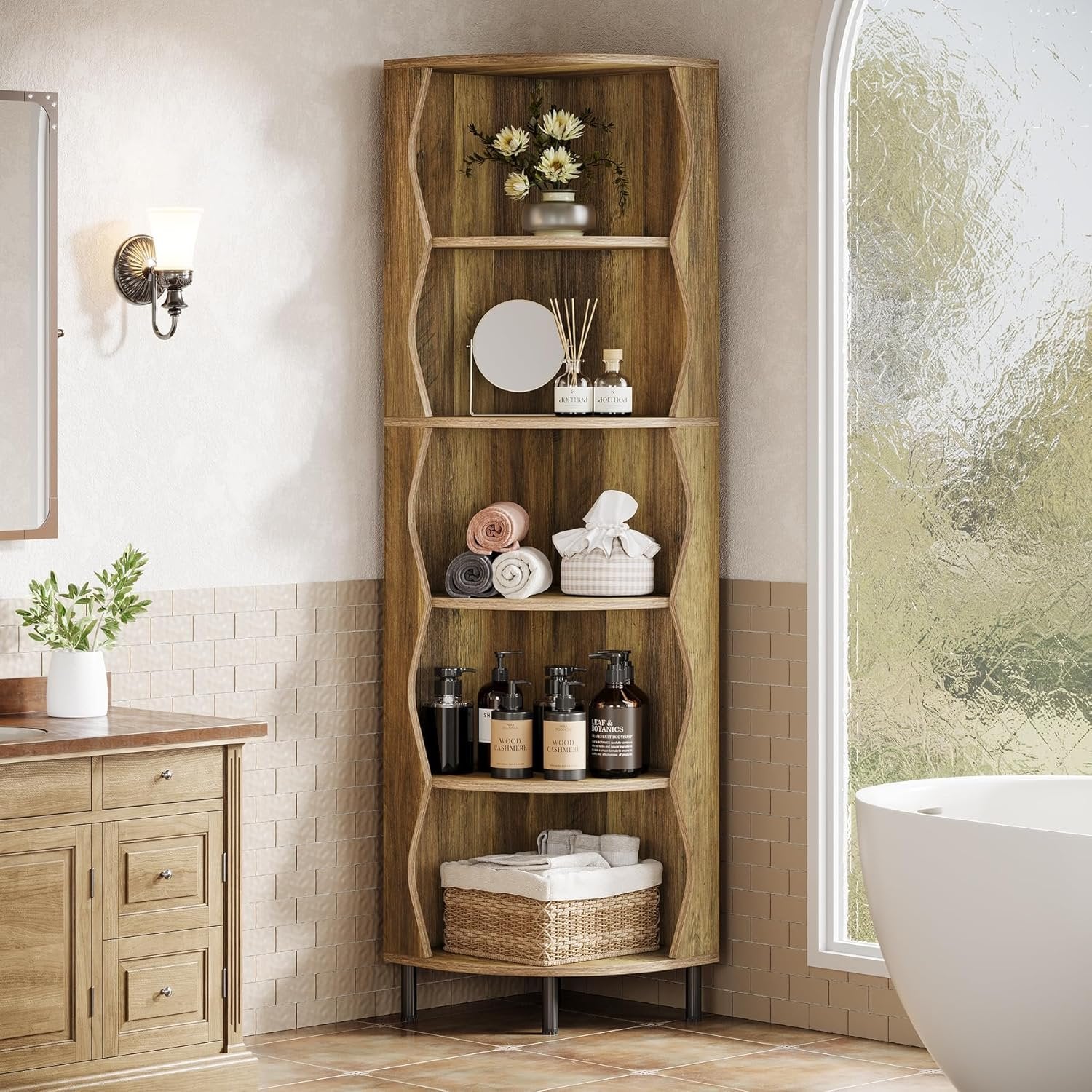 Tribesigns Estantería esquinera de 5 niveles182 cm de alto elegante estantería de madera