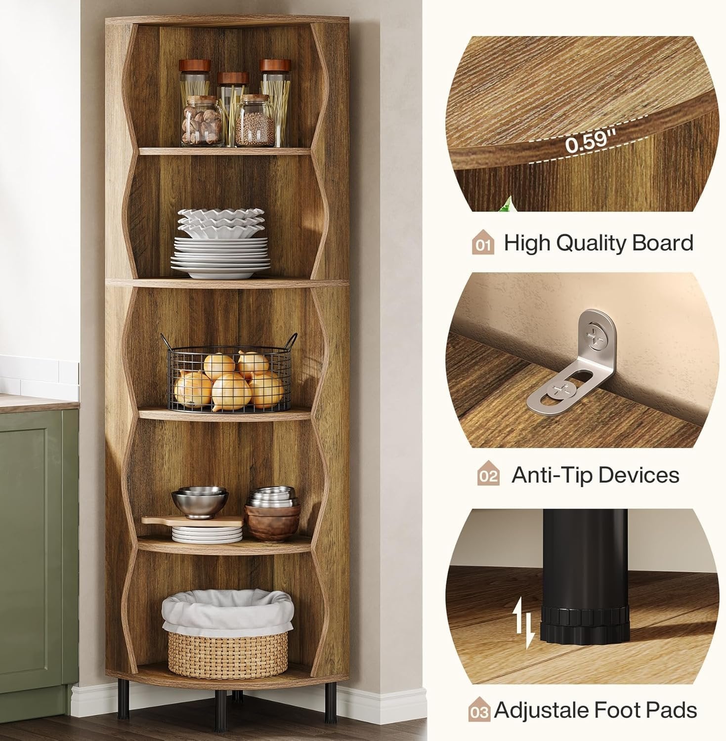 Tribesigns Estantería esquinera de 5 niveles182 cm de alto elegante estantería de madera