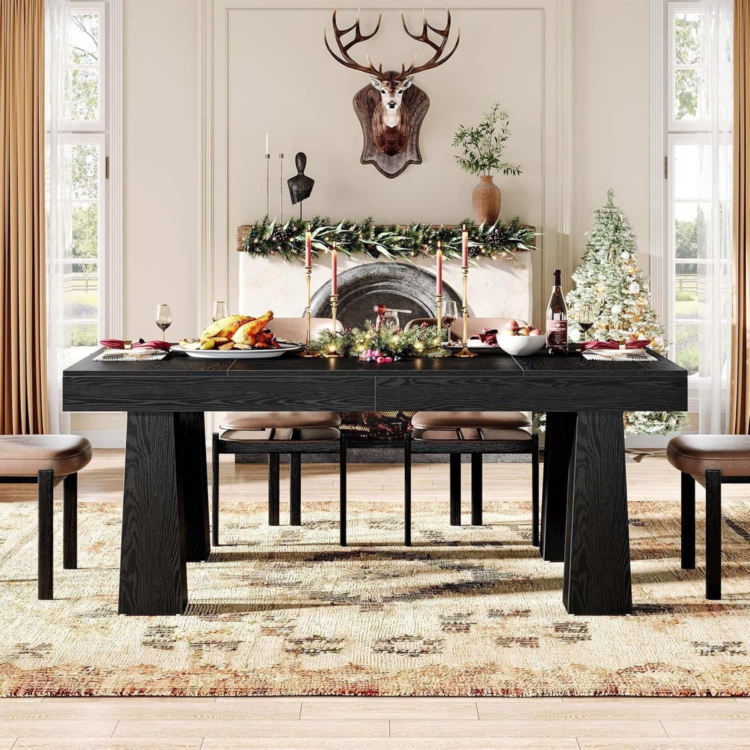 Tribesigns Mesa de comedor de 160 cm, Moderna mesa de cocina rectangular con patas cónicas reforzadas en color negro