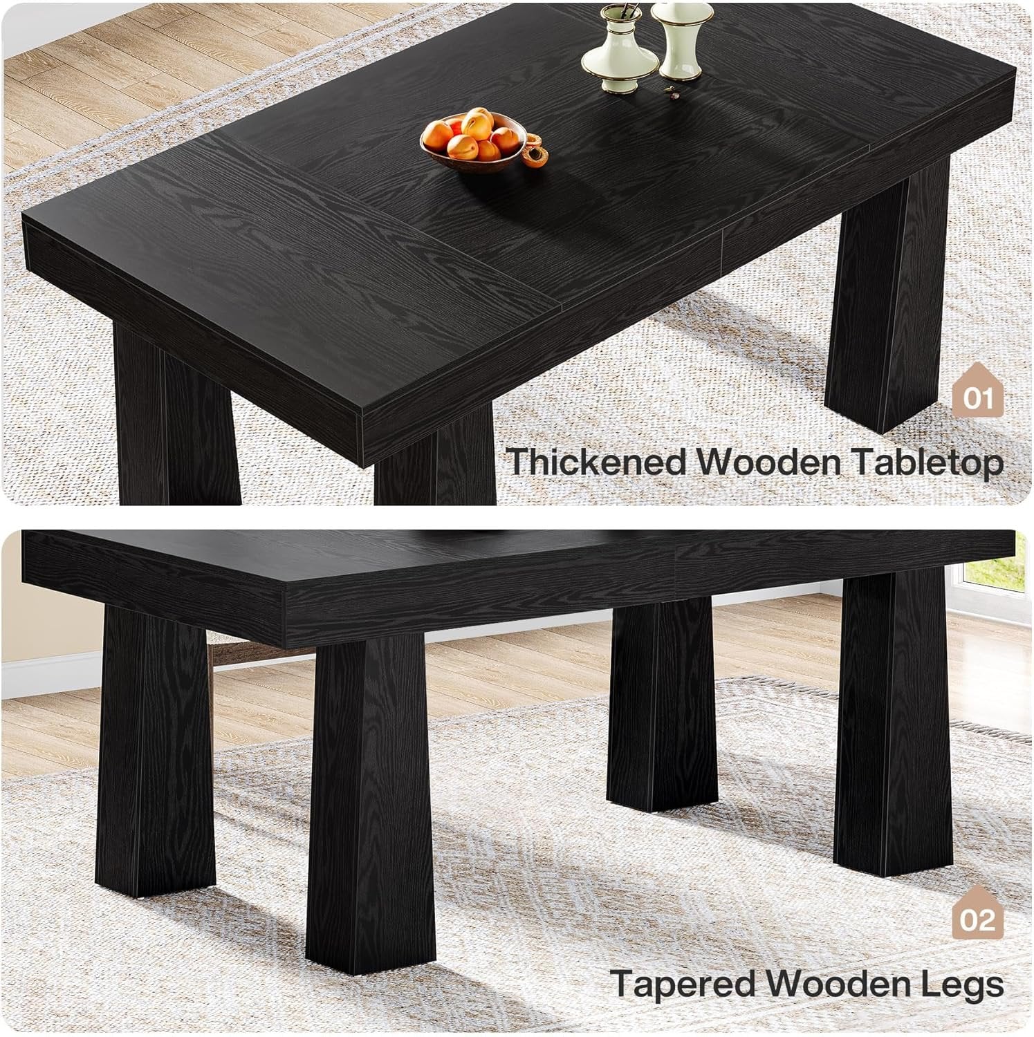 Tribesigns Mesa de comedor de 160 cm, Moderna mesa de cocina rectangular con patas cónicas reforzadas en color negro