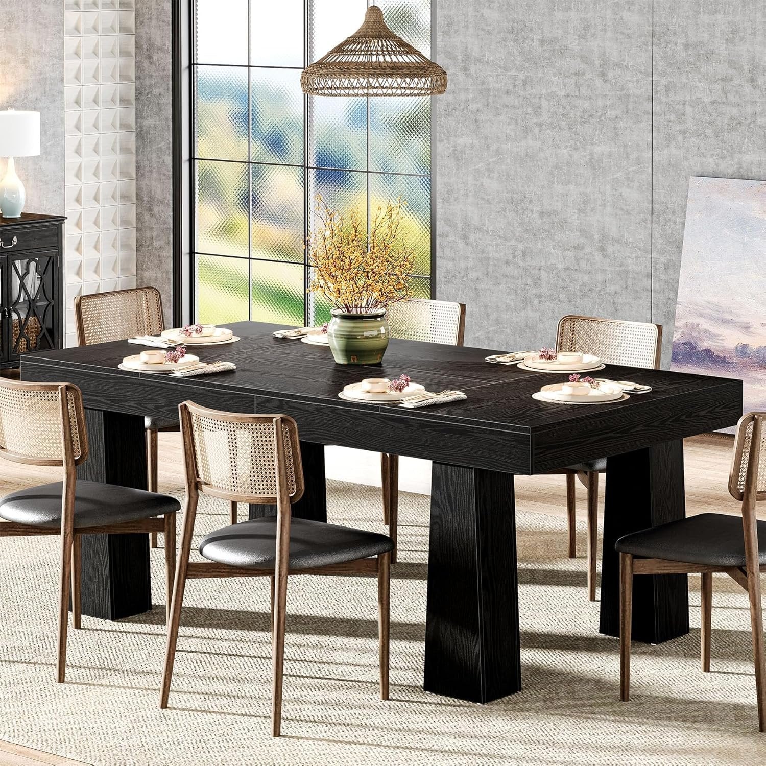 Tribesigns Mesa de comedor de 160 cm, Moderna mesa de cocina rectangular con patas cónicas reforzadas en color negro
