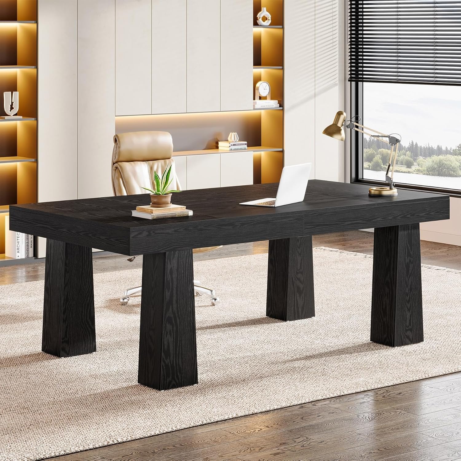 Tribesigns Mesa de conferencias de 160 cm, Mesa de reuniones de estilo industrial moderno con 4 patas cónicas en color negro