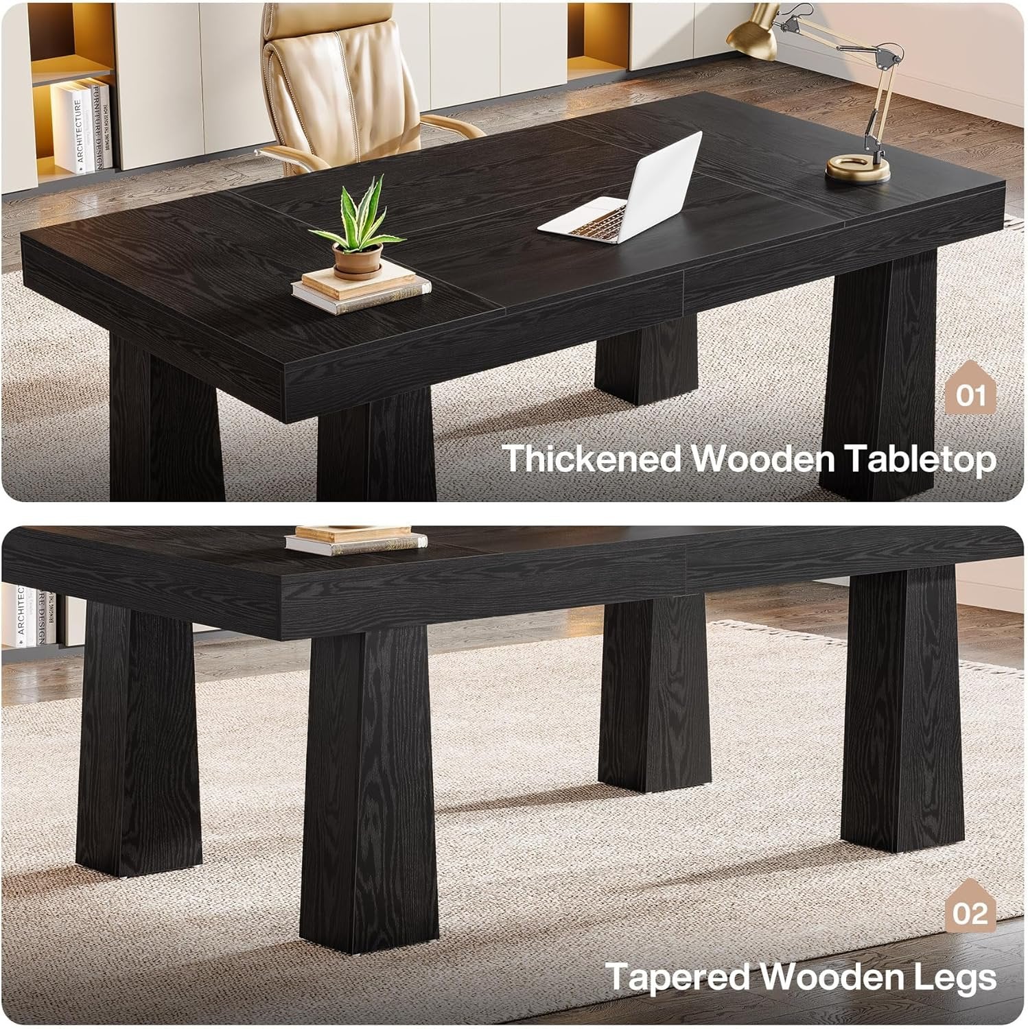 Tribesigns Mesa de conferencias de 160 cm, Mesa de reuniones de estilo industrial moderno con 4 patas cónicas en color negro