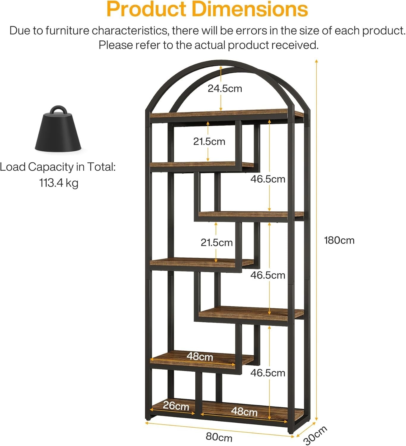 Tribesigns Librería de estilo industrial de 180 cm, Estantería independiente de 7 niveles con estructura de metal