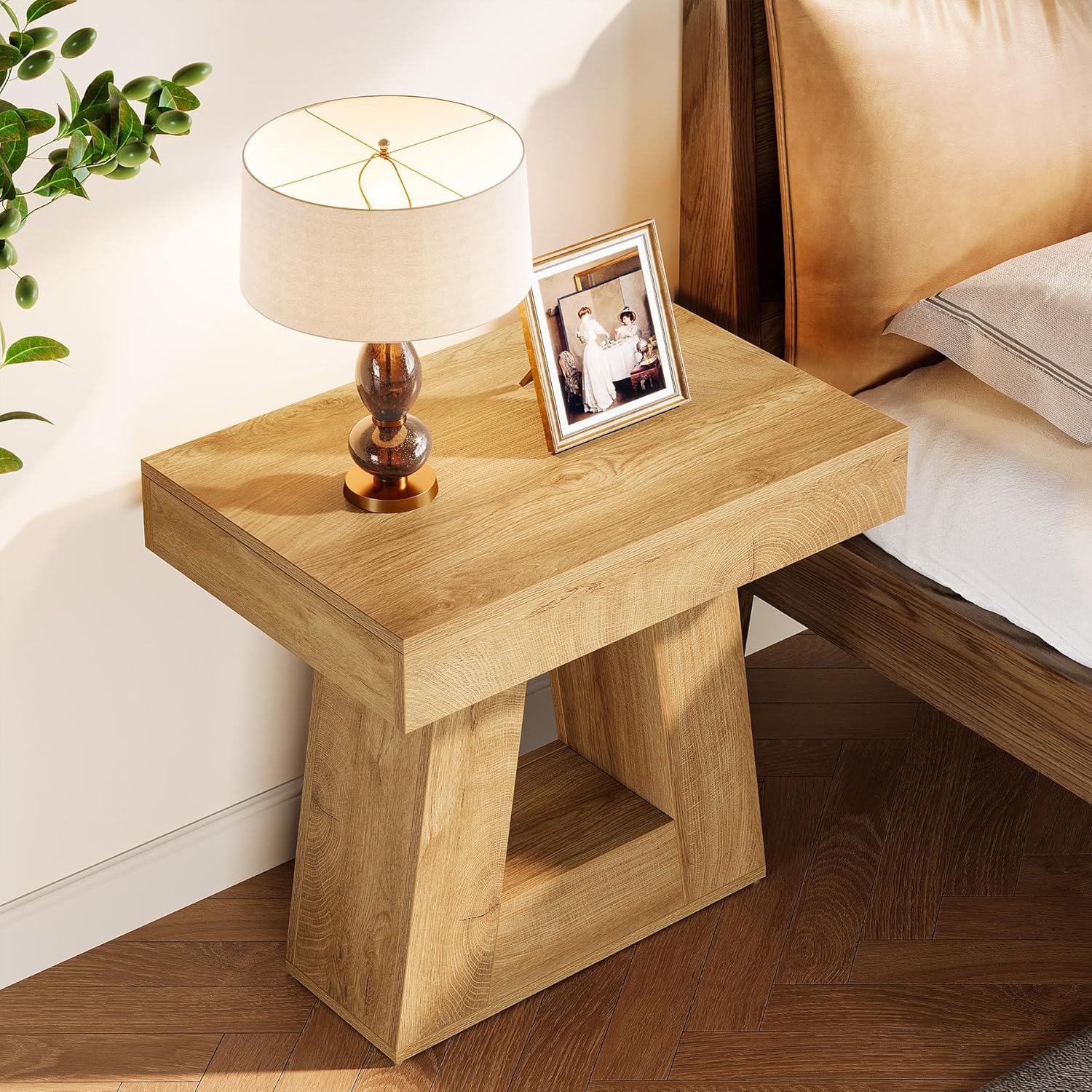 Tribesigns Mesita de noche moderna de 2 niveles, Mesita de noche de madera con base trapezoidal, mesa de noche pequeña