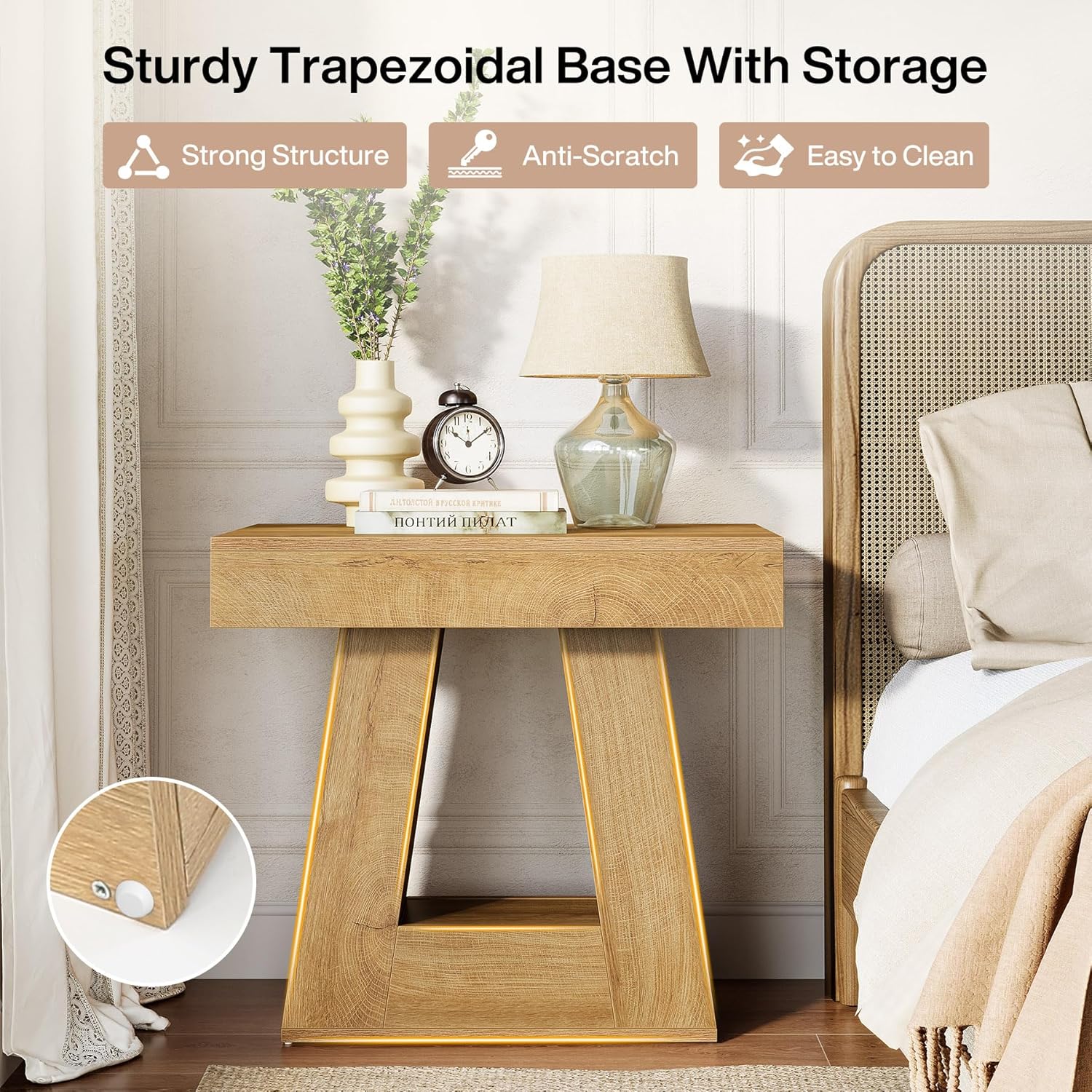 Tribesigns Mesita de noche moderna de 2 niveles, Mesita de noche de madera con base trapezoidal, mesa de noche pequeña