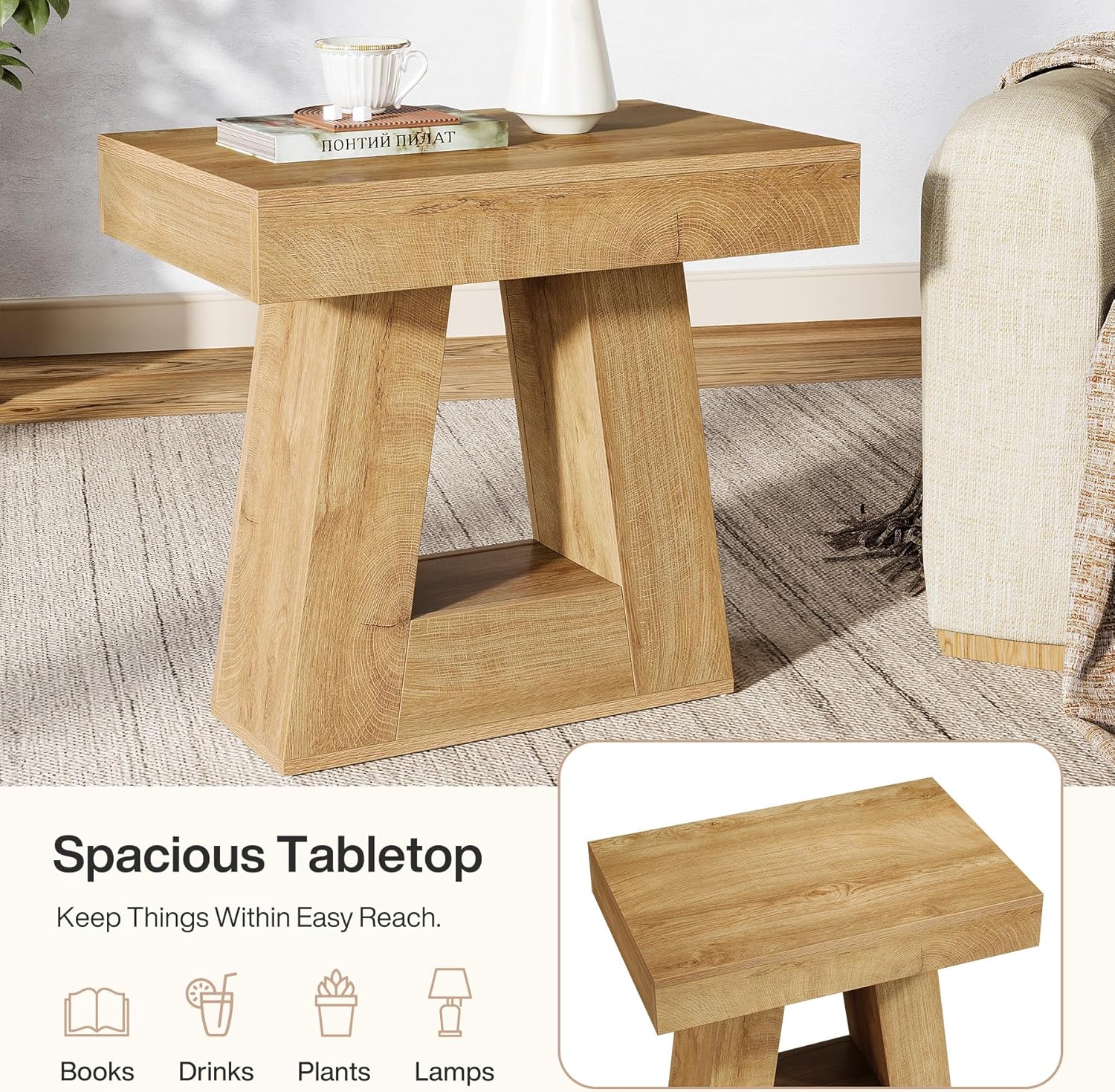 Tribesigns Mesita de noche moderna de 2 niveles, Mesita de noche de madera con base trapezoidal, mesa de noche pequeña