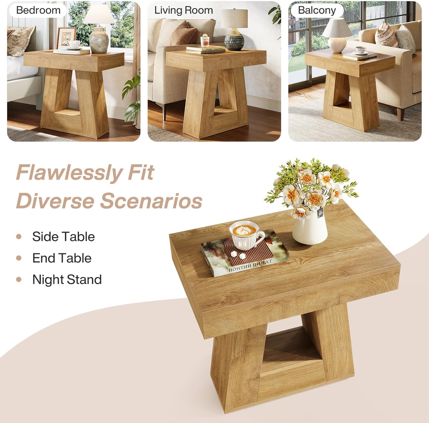 Tribesigns Mesita de noche moderna de 2 niveles, Mesita de noche de madera con base trapezoidal, mesa de noche pequeña