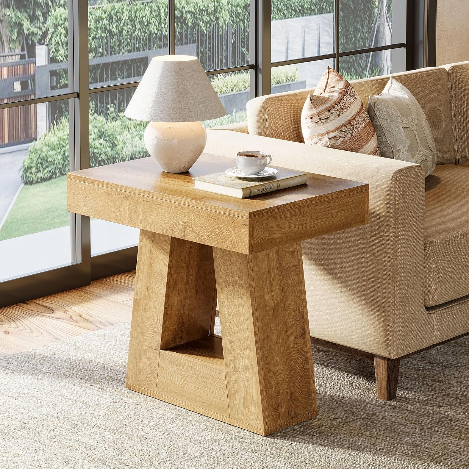 Tribesigns Mesita de noche moderna de 2 niveles, Mesita de noche de madera con base trapezoidal, mesa de noche pequeña
