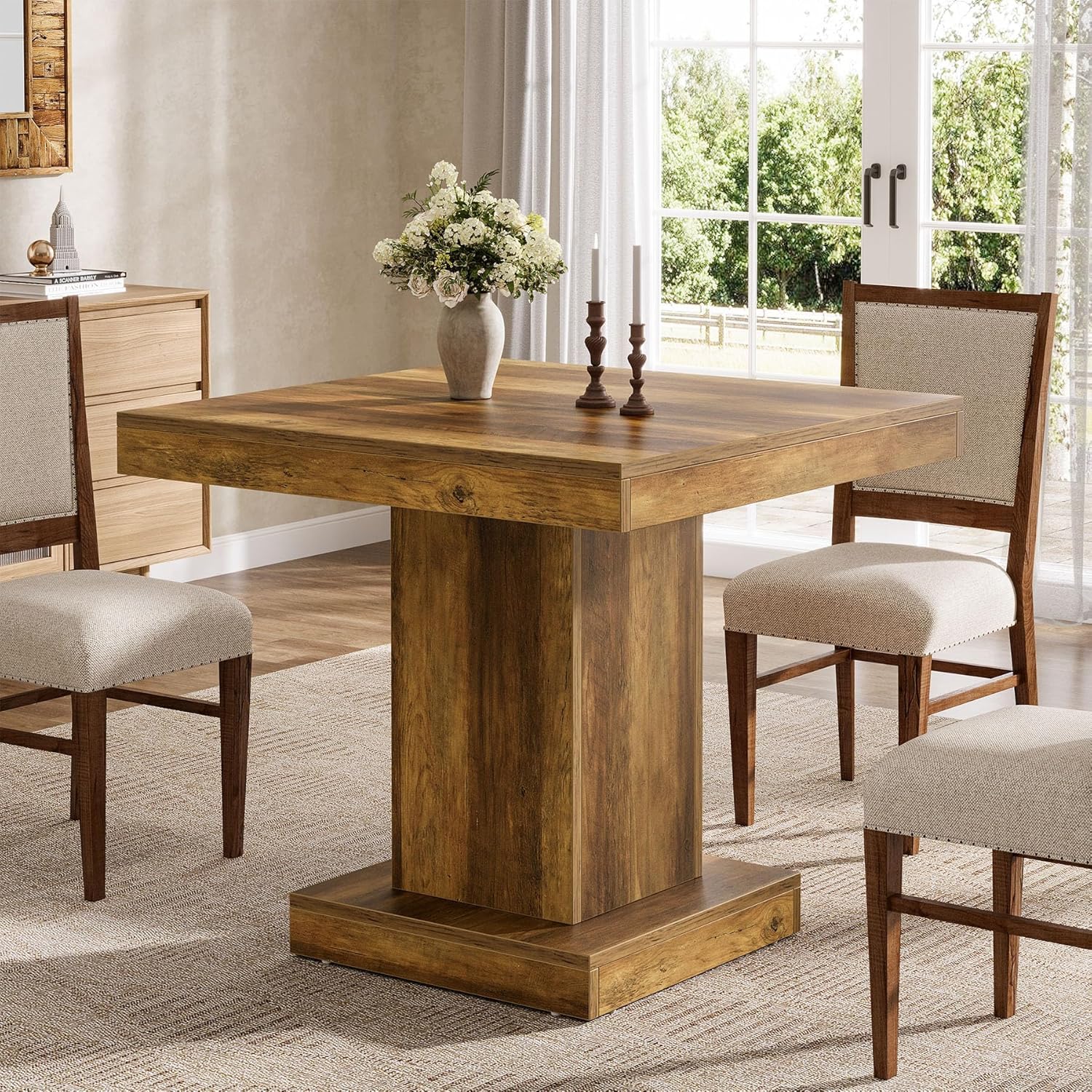 Tribesigns Mesa de comedor cuadrada para 4, Mesa de cocina de granja con base de pedestal resistente