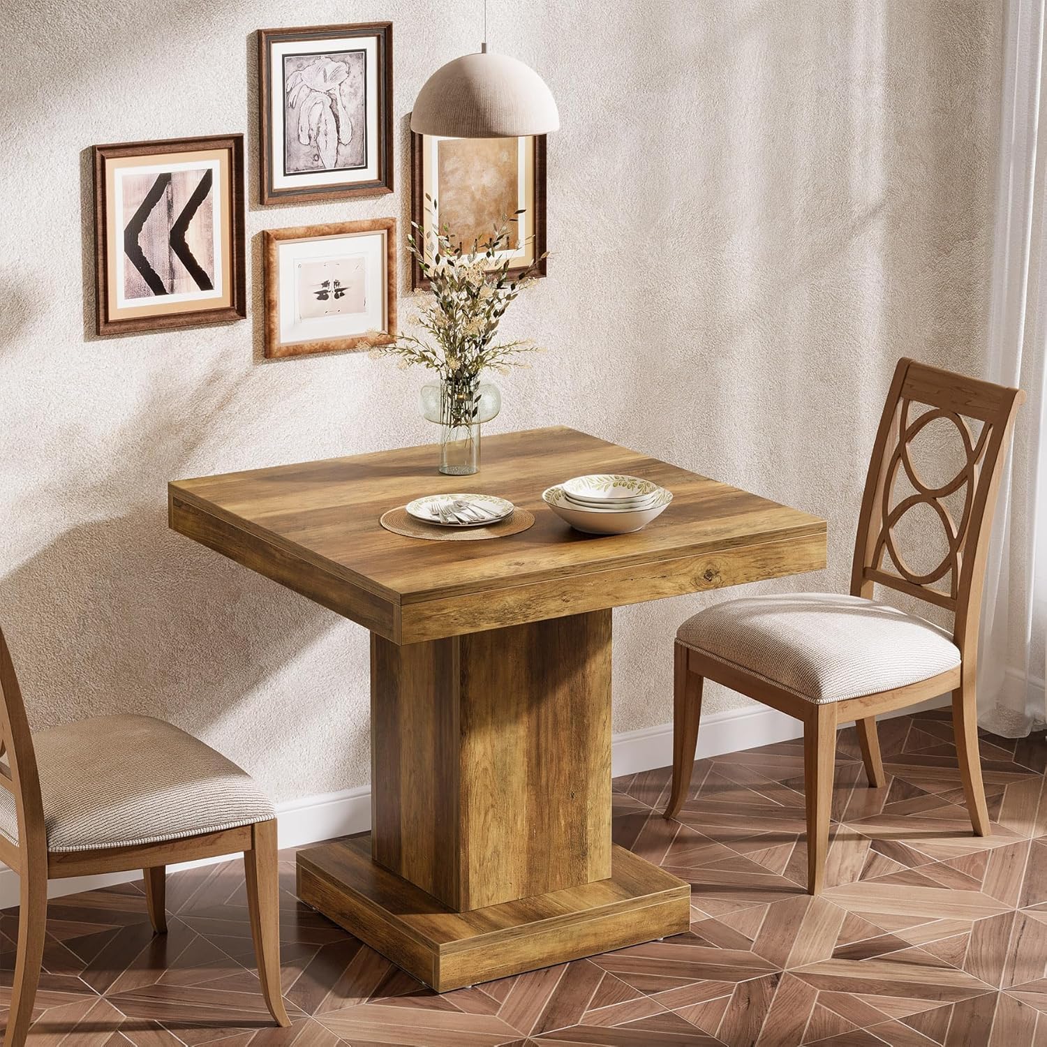 Tribesigns Mesa de comedor cuadrada para 4, Mesa de cocina de granja con base de pedestal resistente
