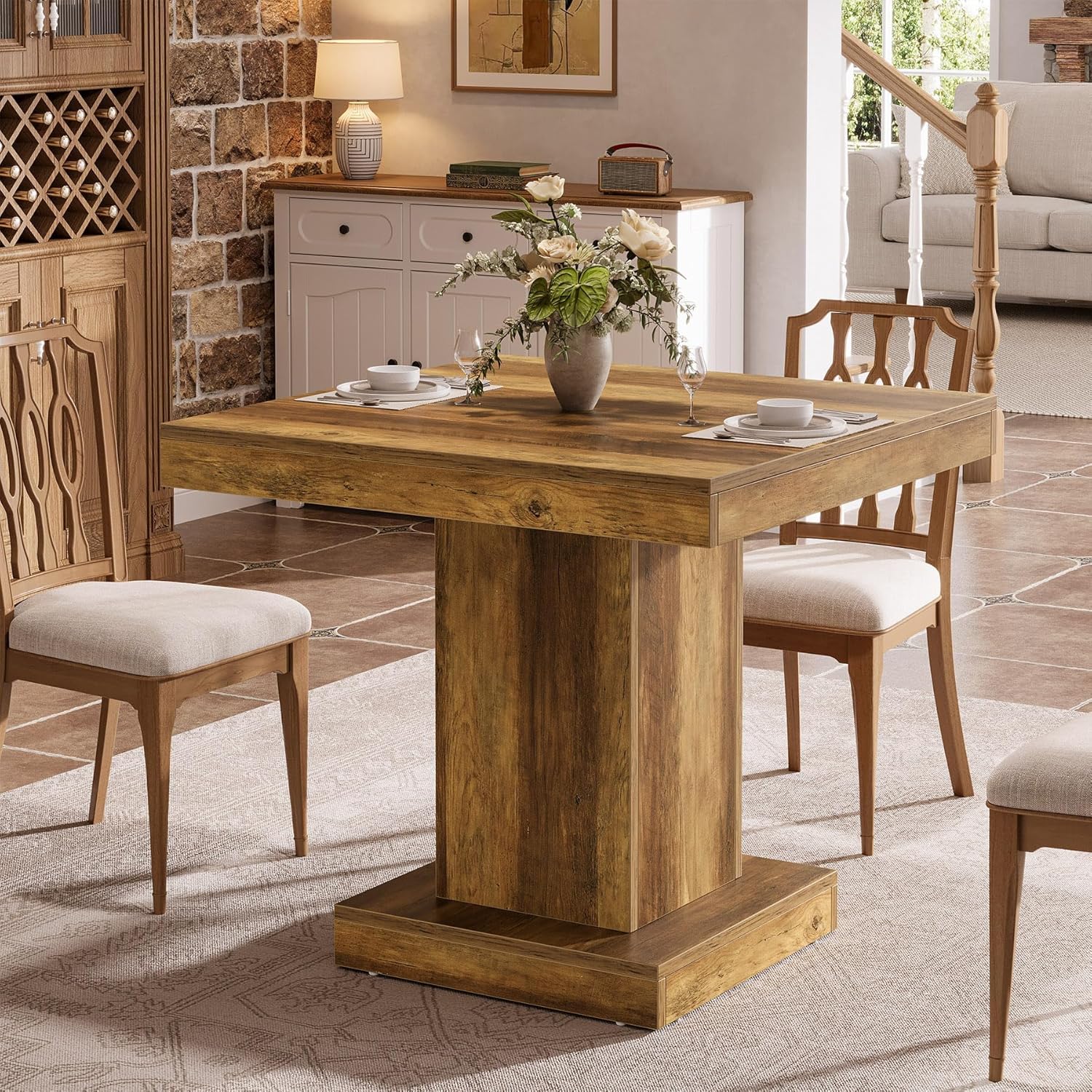 Tribesigns Mesa de comedor cuadrada para 4, Mesa de cocina de granja con base de pedestal resistente