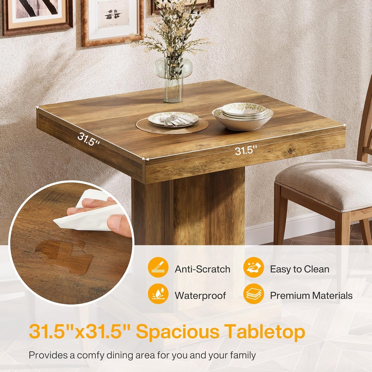 Tribesigns Mesa de comedor cuadrada para 4, Mesa de cocina de granja con base de pedestal resistente