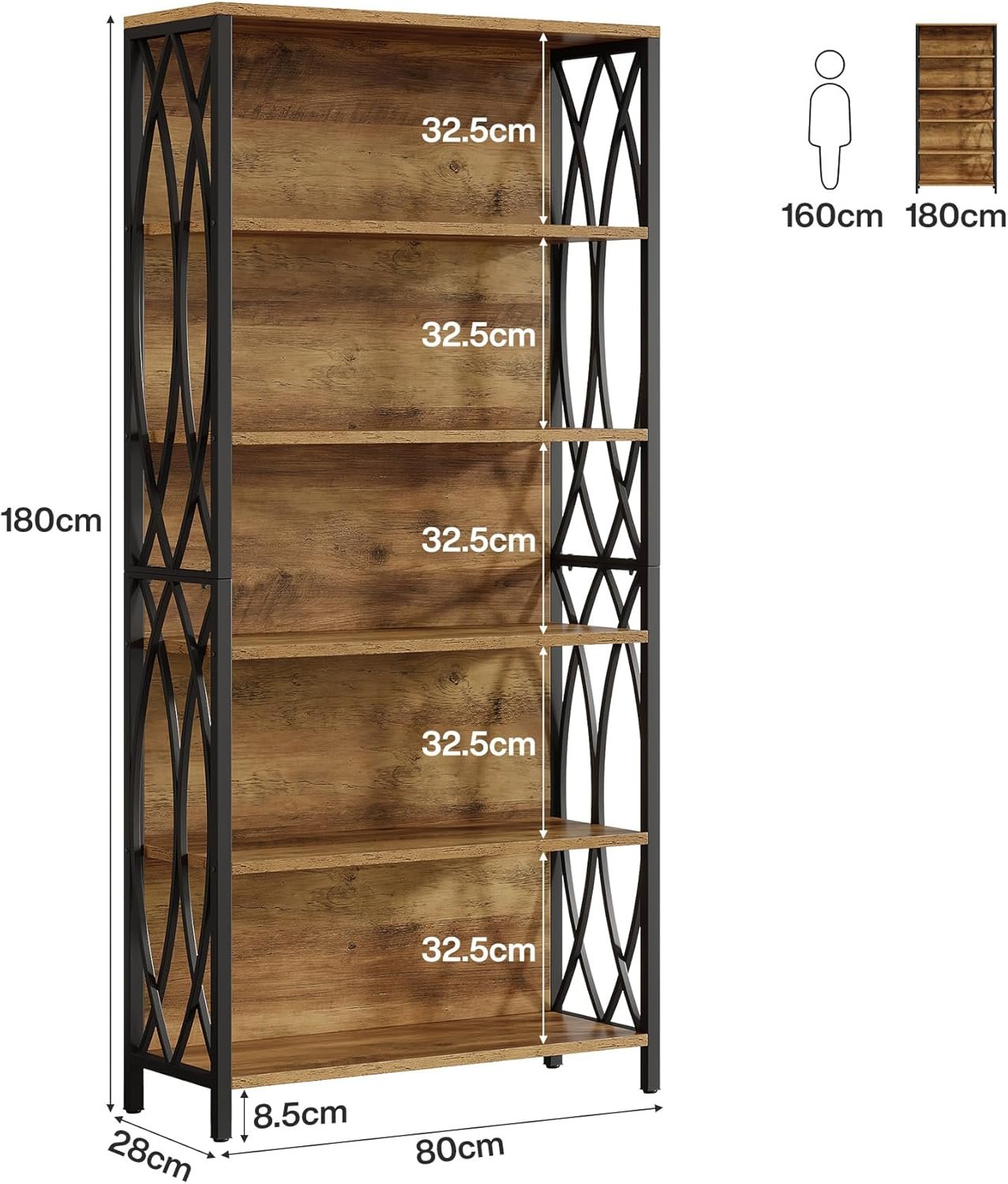 Tribesigns Librería de 180 cm de alto, Estilo industrial con 6 estantes y estructura metálica geométrica