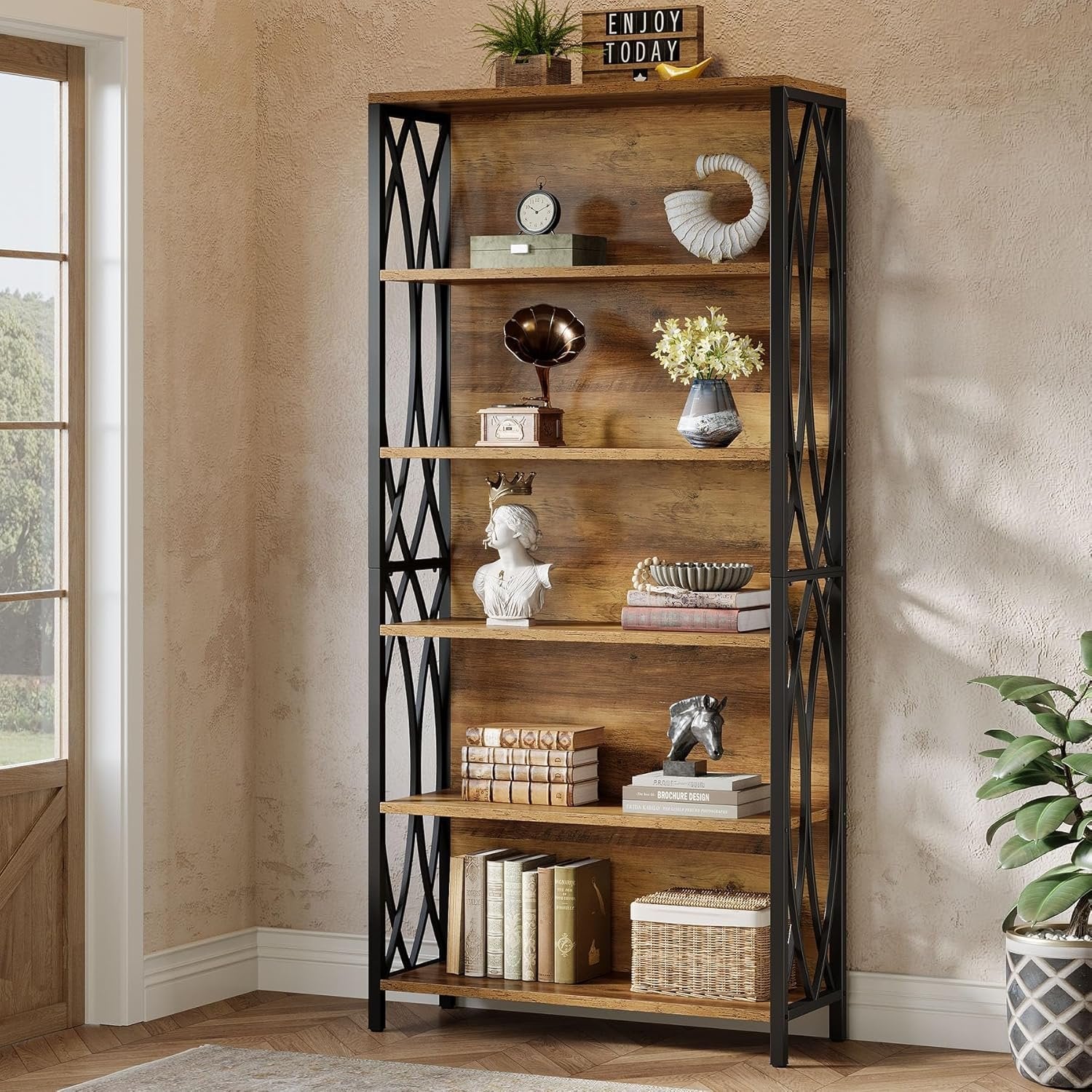 Tribesigns Librería de 180 cm de alto, Estilo industrial con 6 estantes y estructura metálica geométrica