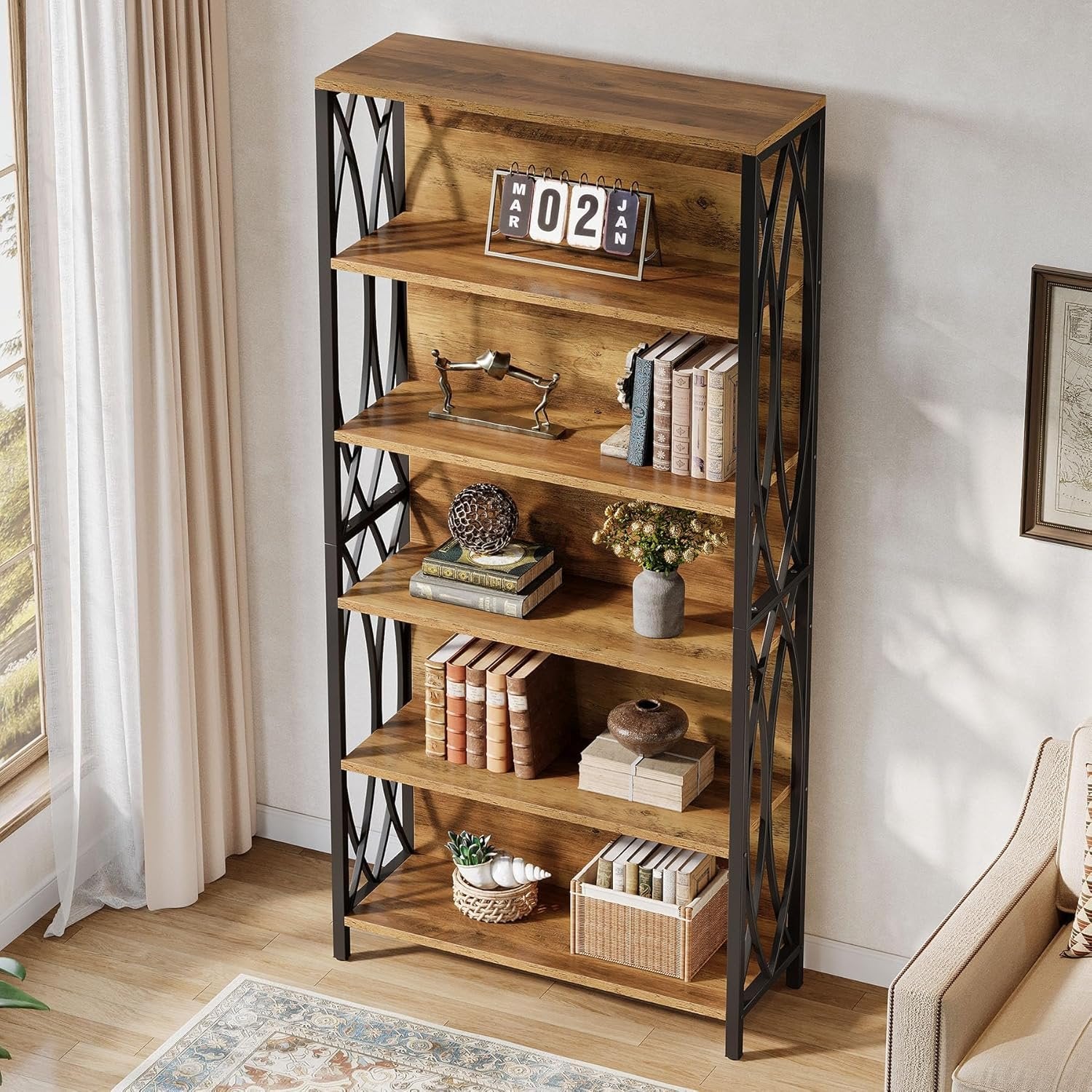 Tribesigns Librería de 180 cm de alto, Estilo industrial con 6 estantes y estructura metálica geométrica