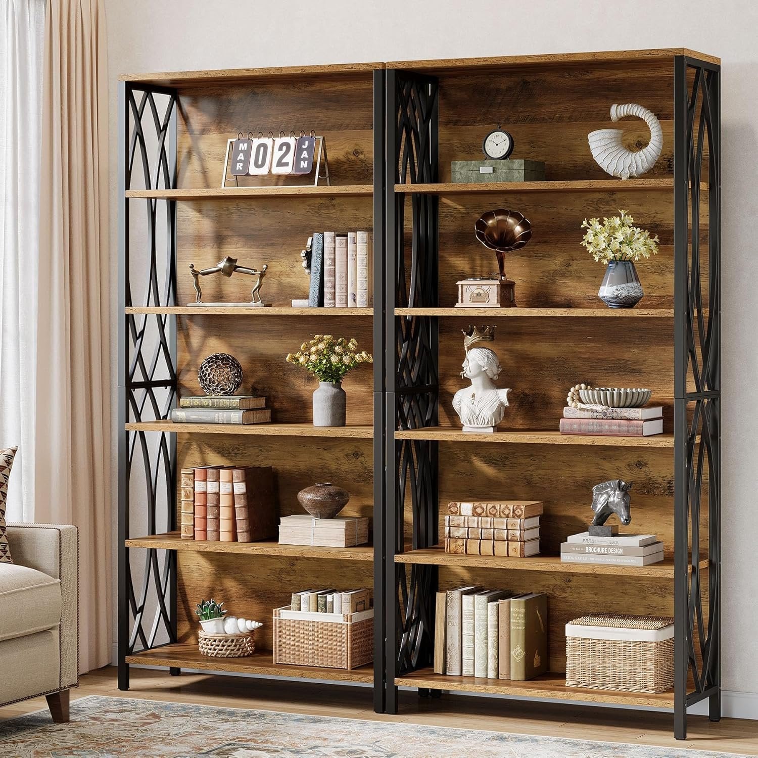 Tribesigns Librería de 180 cm de alto, Estilo industrial con 6 estantes y estructura metálica geométrica