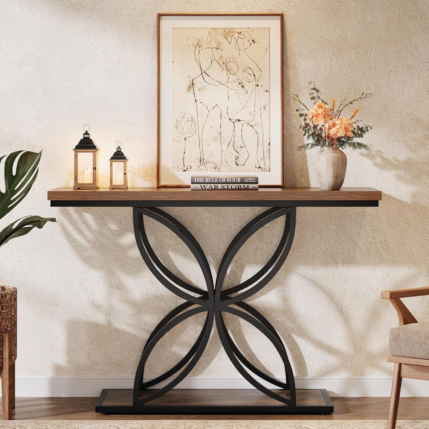 Tribesigns Mesa consola industrial para entrada, Mesa de sofá con base metálica de mariposa única