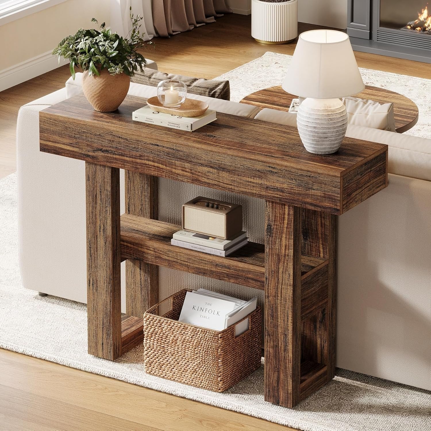 Tribesigns Mesa consola Farmhouse de 105 cm, Mesa de sofá estrecha de 2 niveles detrás del sofá