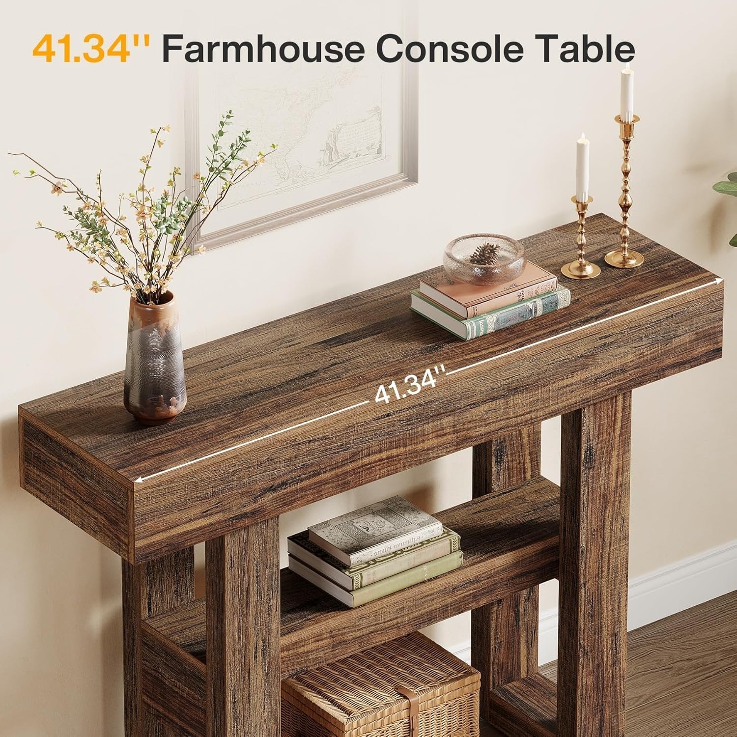 Tribesigns Mesa consola Farmhouse de 105 cm, Mesa de sofá estrecha de 2 niveles detrás del sofá