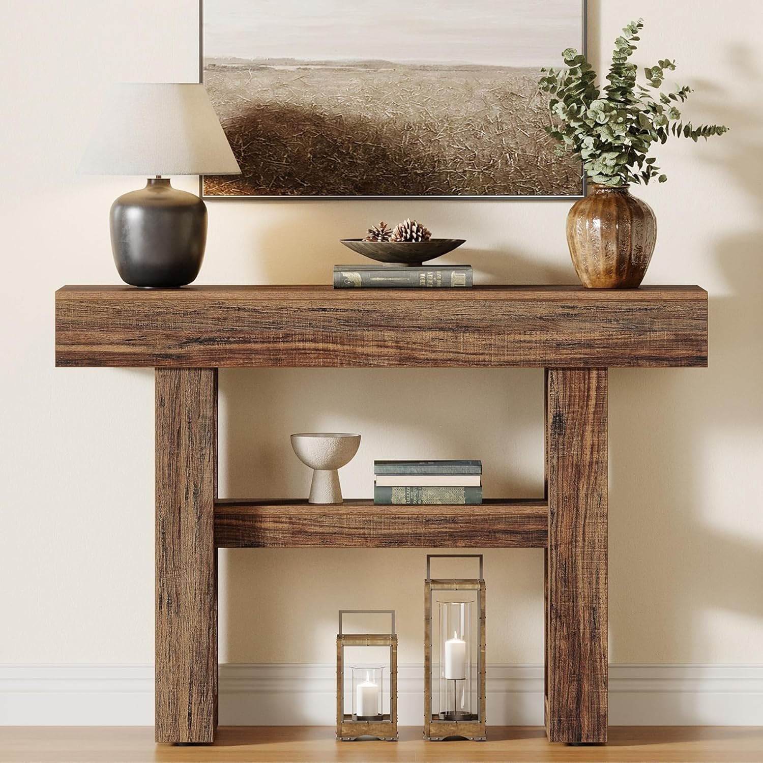 Tribesigns Mesa consola Farmhouse de 105 cm, Mesa de sofá estrecha de 2 niveles detrás del sofá
