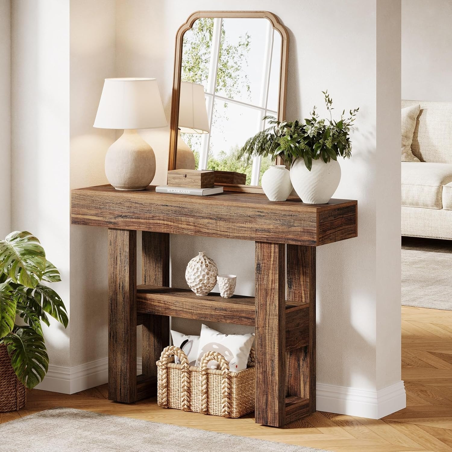 Tribesigns Mesa consola Farmhouse de 105 cm, Mesa de sofá estrecha de 2 niveles detrás del sofá