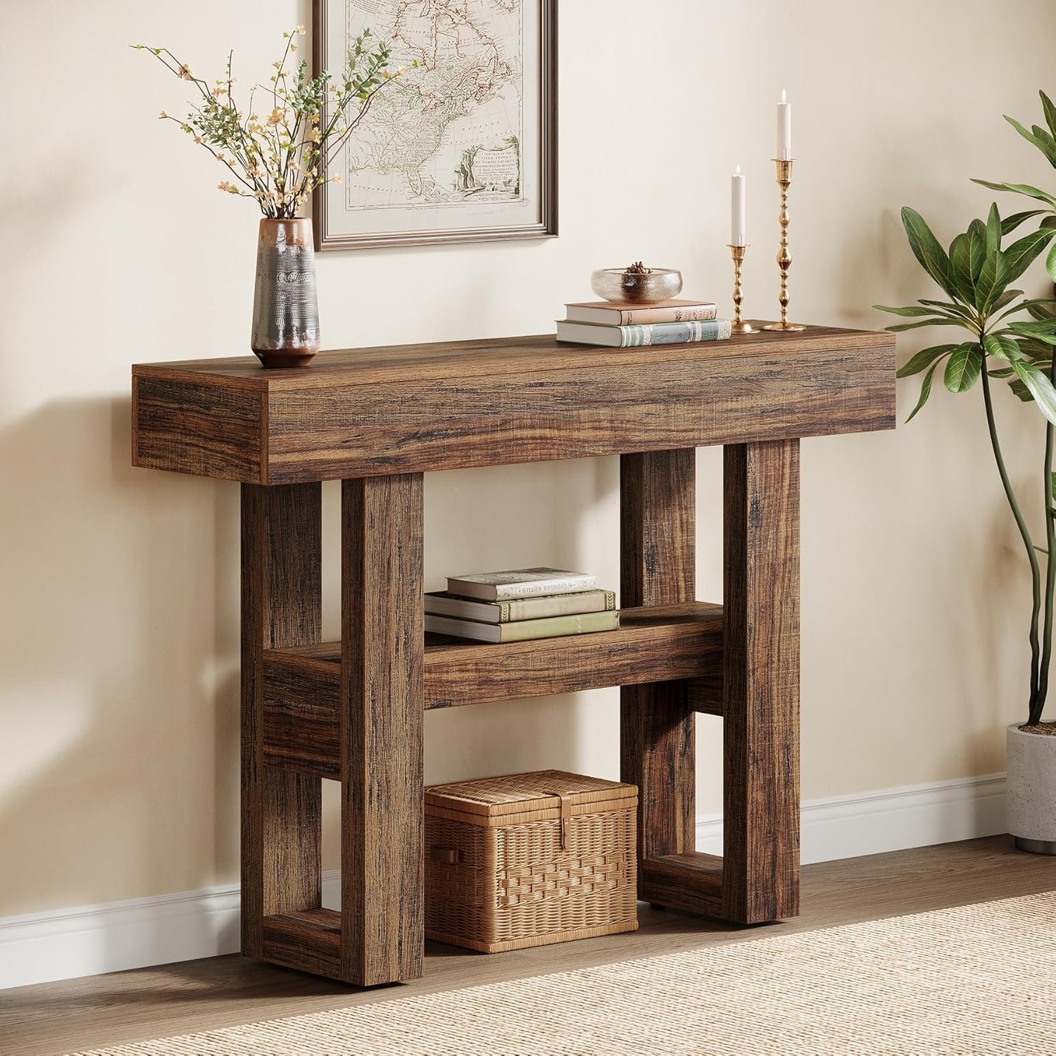 Tribesigns Mesa consola Farmhouse de 105 cm, Mesa de sofá estrecha de 2 niveles detrás del sofá