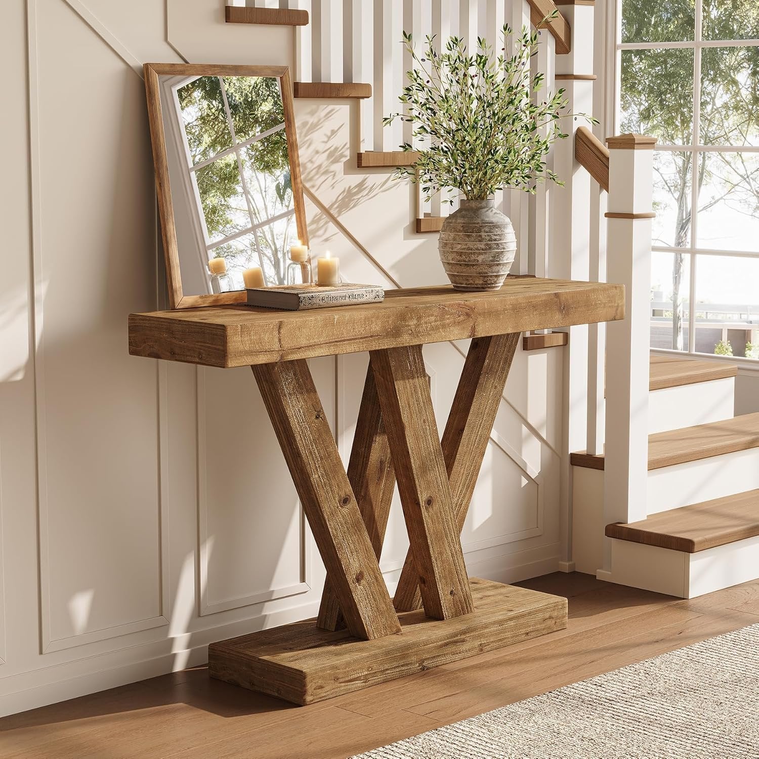 Tribesigns Mesa consola de madera maciza entrada de granja sofá con base doble en forma de V para salón o pasillo
