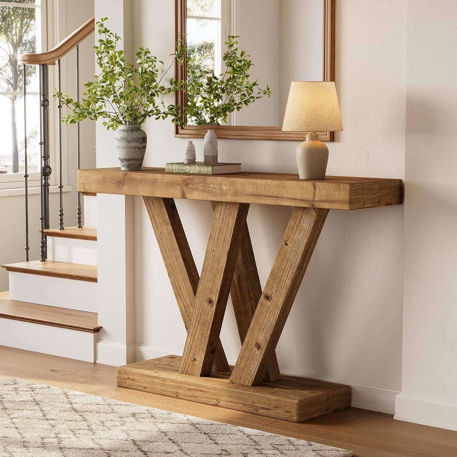 Tribesigns Mesa consola de madera maciza entrada de granja sofá con base doble en forma de V para salón o pasillo
