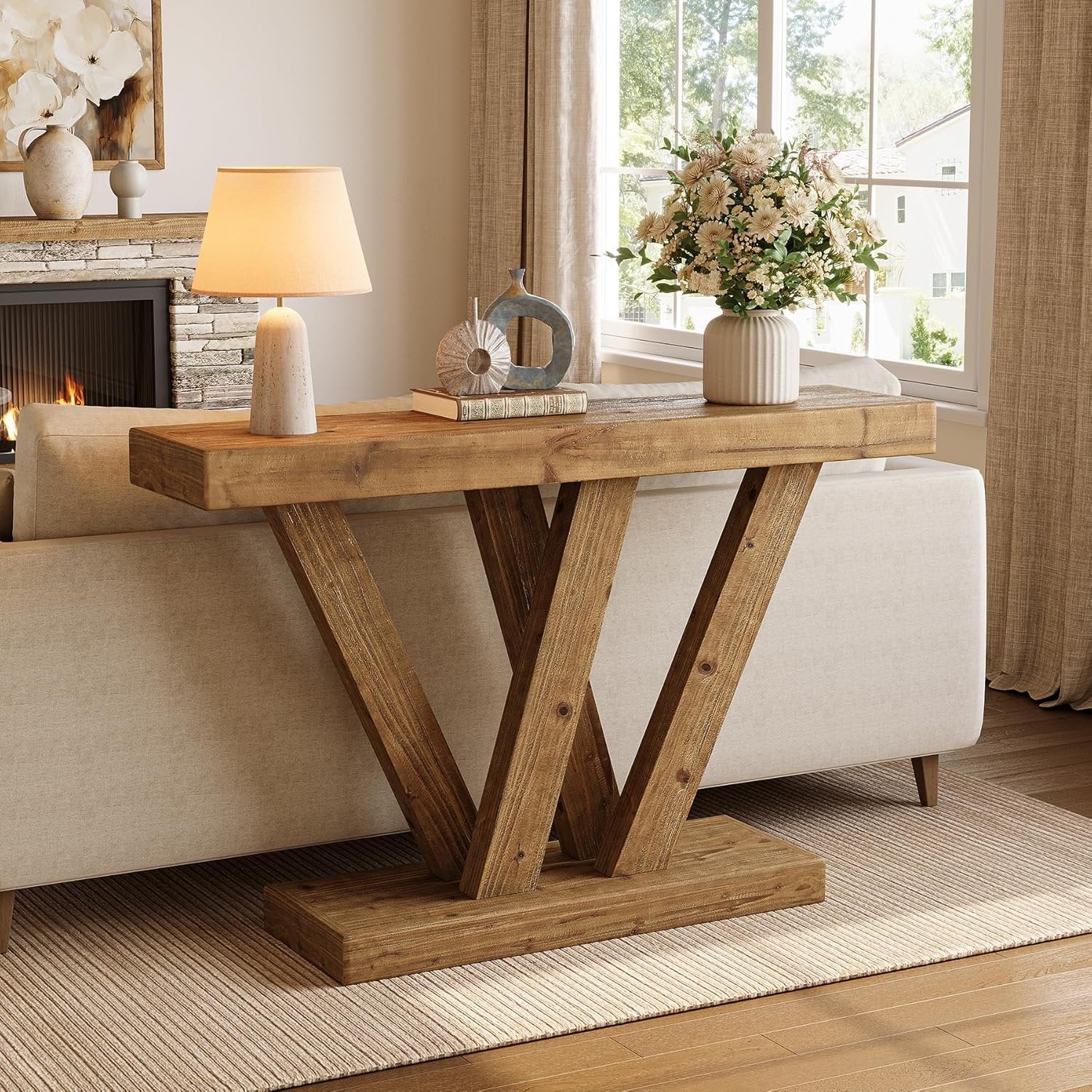 Tribesigns Mesa consola de madera maciza entrada de granja sofá con base doble en forma de V para salón o pasillo