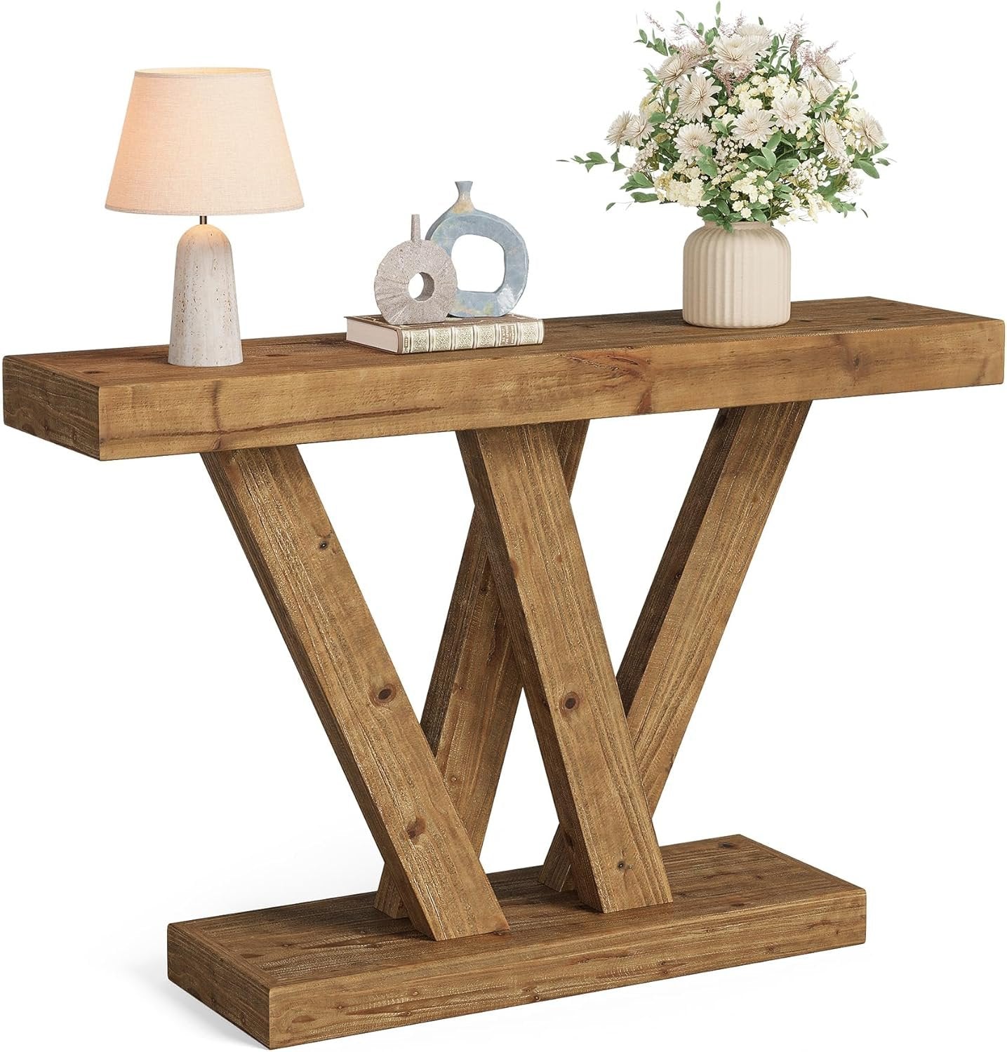 Tribesigns Mesa consola de madera maciza entrada de granja sofá con base doble en forma de V para salón o pasillo