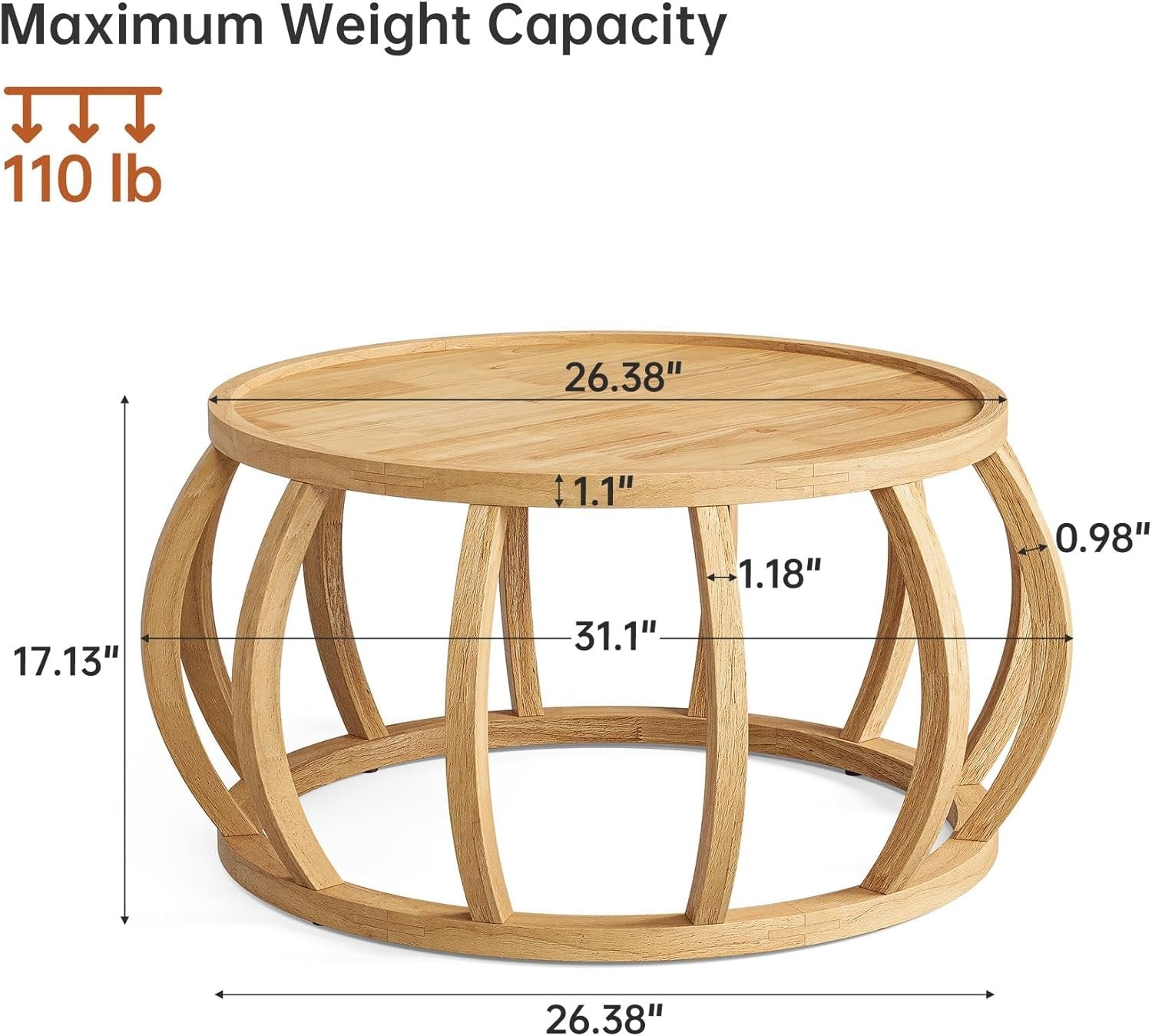 TRIBEWOOD Mesa de Centro Redonda, Mesa de Centro de Madera Maciza de 80 cm Mesa de Salón o Comedor