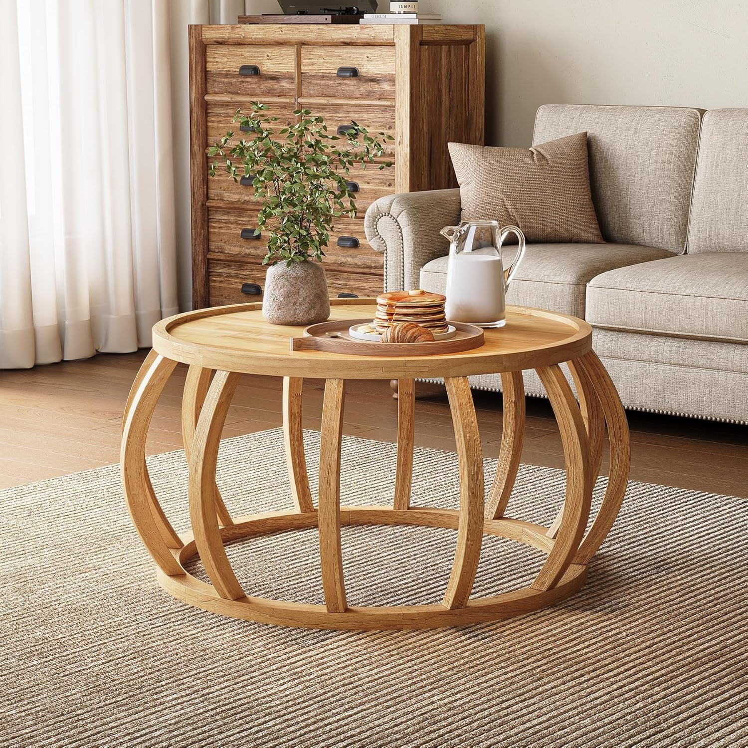 TRIBEWOOD Mesa de Centro Redonda, Mesa de Centro de Madera Maciza de 80 cm Mesa de Salón o Comedor