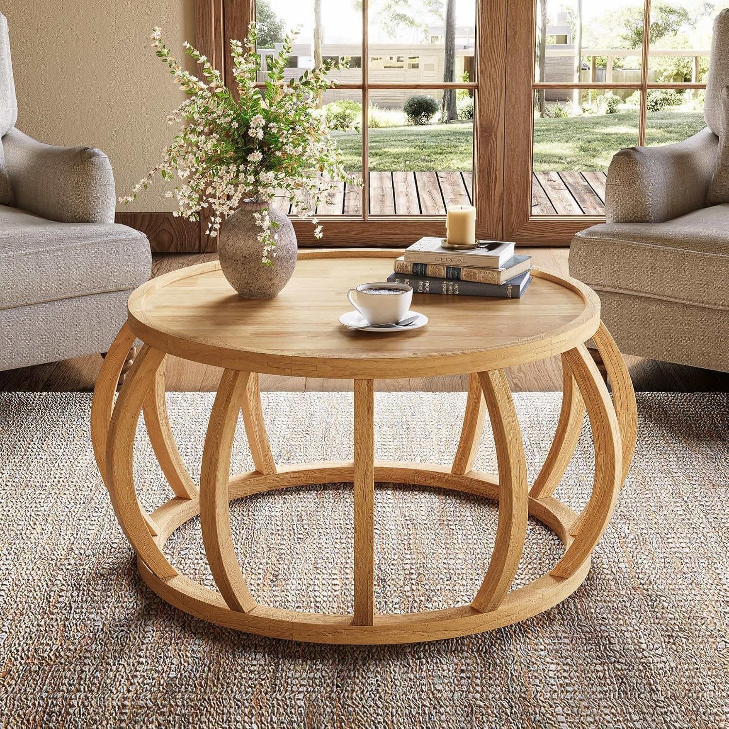 TRIBEWOOD Mesa de Centro Redonda, Mesa de Centro de Madera Maciza de 80 cm Mesa de Salón o Comedor