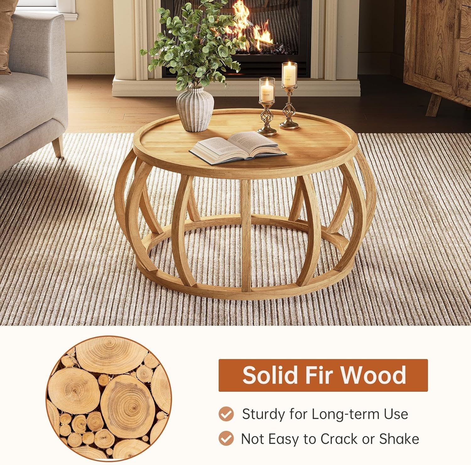 TRIBEWOOD Mesa de Centro Redonda, Mesa de Centro de Madera Maciza de 80 cm Mesa de Salón o Comedor