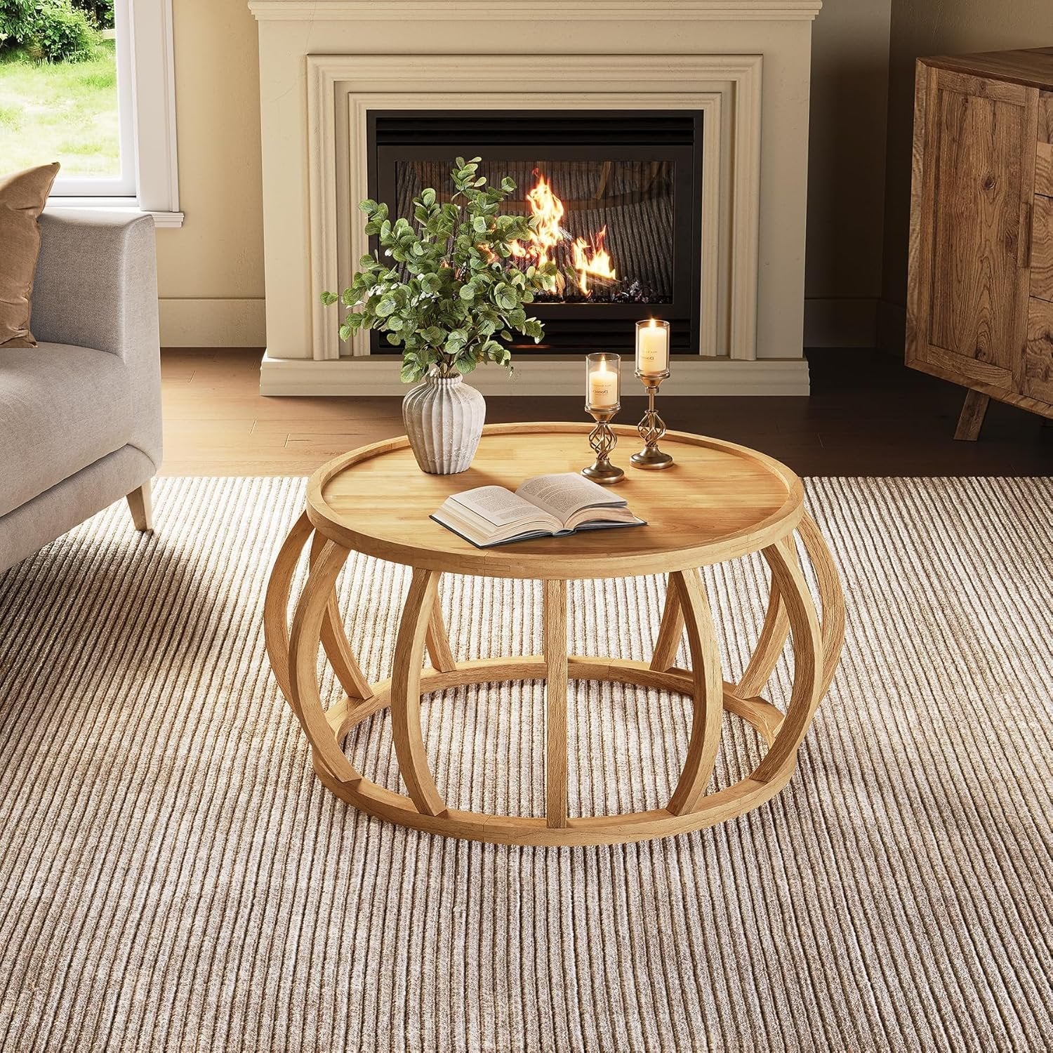 TRIBEWOOD Mesa de Centro Redonda, Mesa de Centro de Madera Maciza de 80 cm Mesa de Salón o Comedor