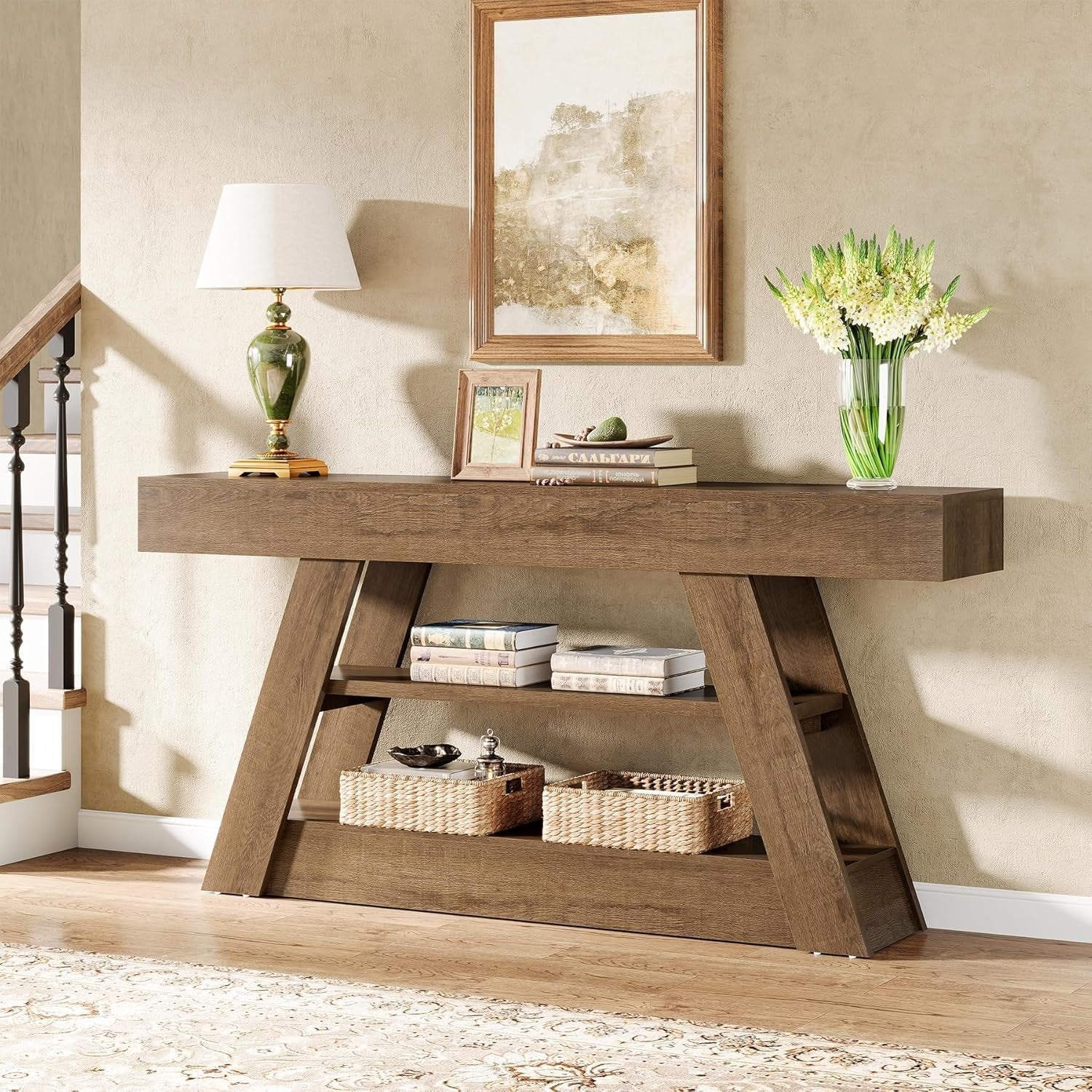 Tribesigns Farmhouse Mesa consola de 160 cm, Mesa de sofá rústica con 3 niveles de almacenamiento