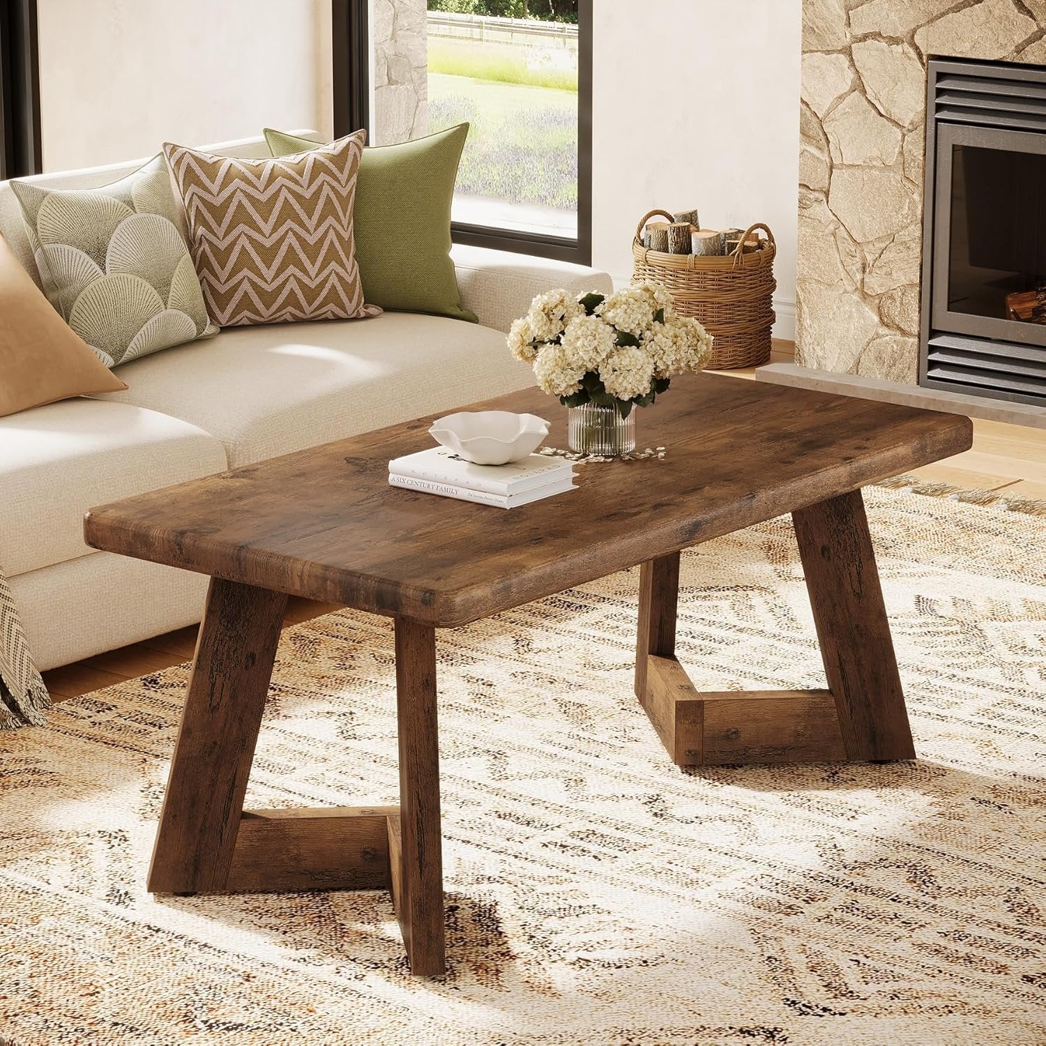 Tribesigns Mesa de salón de estilo rústico, Mesa de centro marrón con patas en forma de V