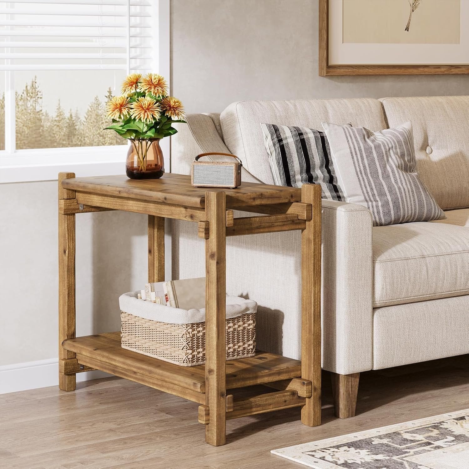 TRIBEWOOD Mesa auxiliar de madera maciza con 2 estantes, Aparador estrecho para sala de estar y dormitorio