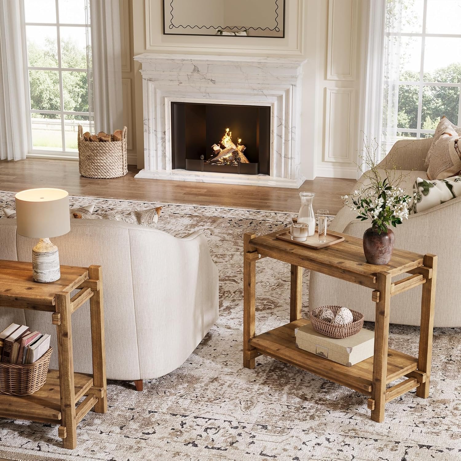 TRIBEWOOD Mesa auxiliar de madera maciza con 2 estantes, Aparador estrecho para sala de estar y dormitorio