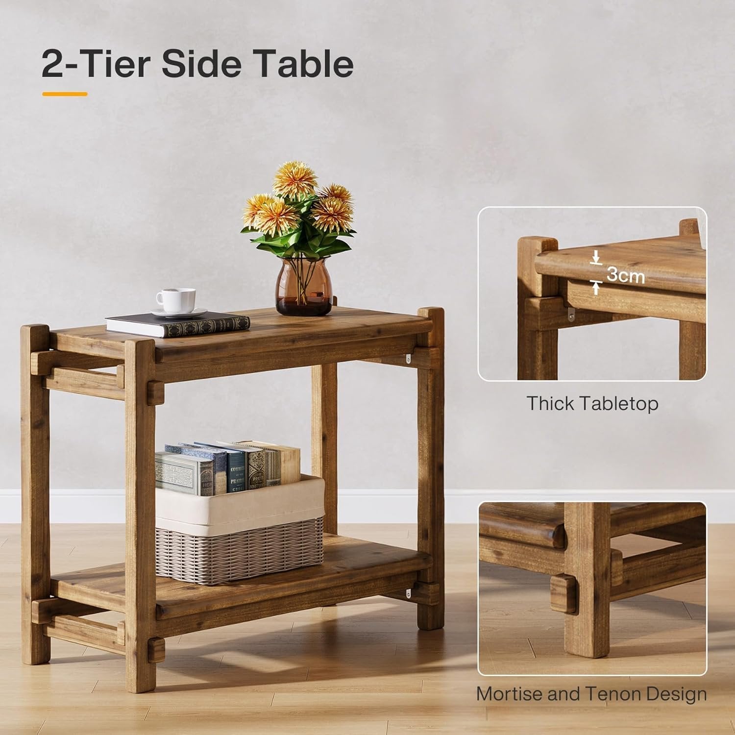 Tribewood Mesa Auxiliar de Madera Maciza, Mesa Auxiliar Sofa de 2 Niveles con Estante de Almacenamiento