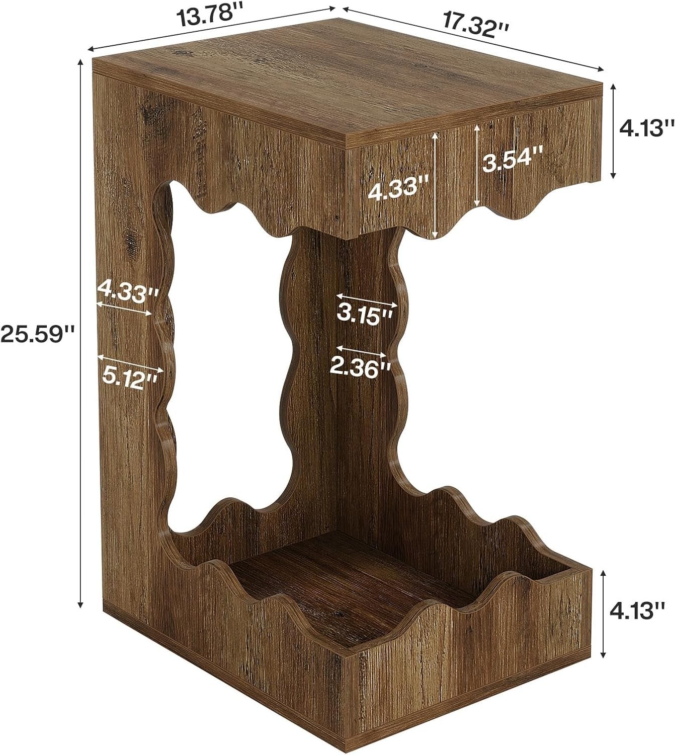 Tribesigns Mesa auxiliar estrecha de 65 cm con dos niveles, Mesita de noche en forma de C de estilo rústico