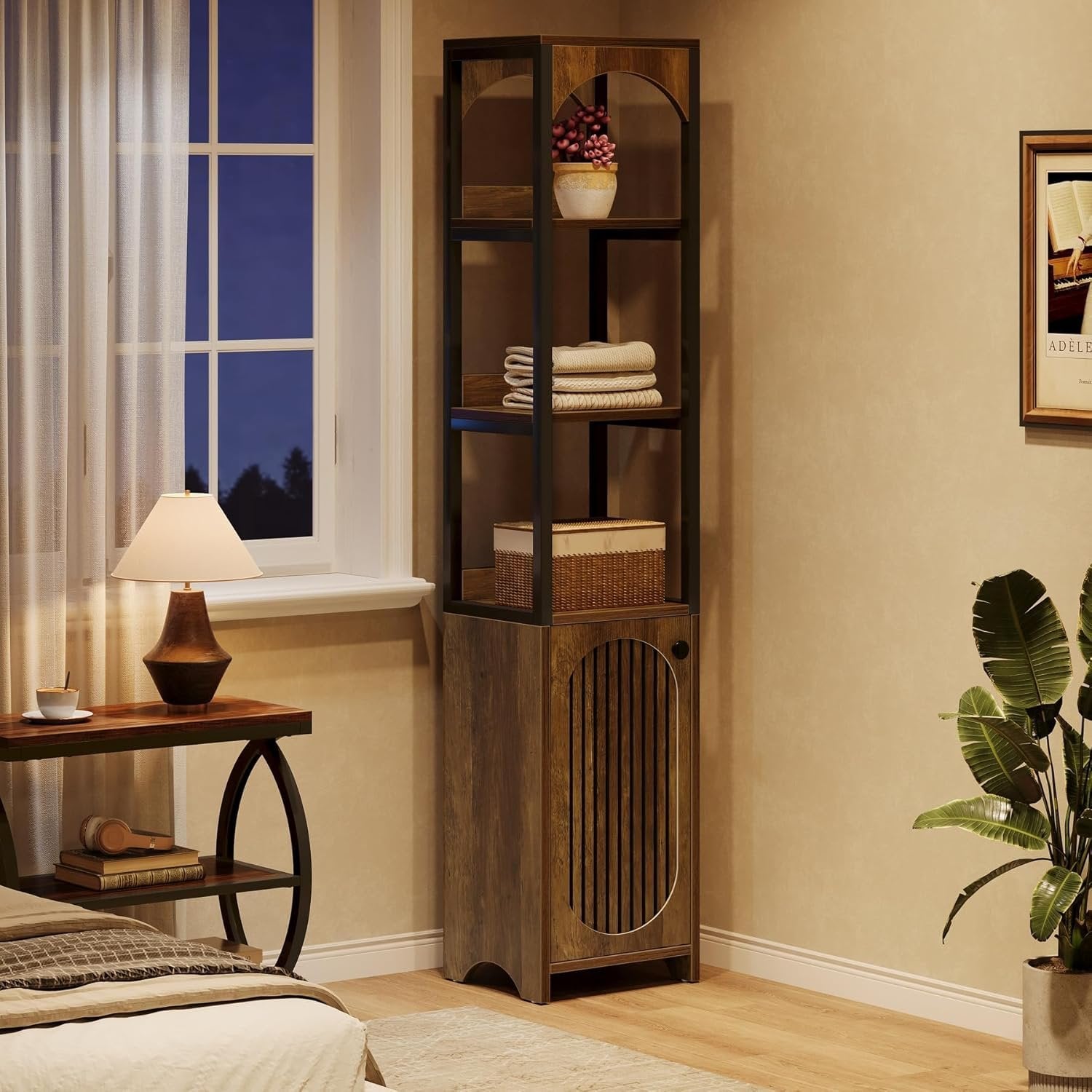 Tribesigns Librería de 6 niveles 180 cm de alto, Librería estrecha con puerta de persiana